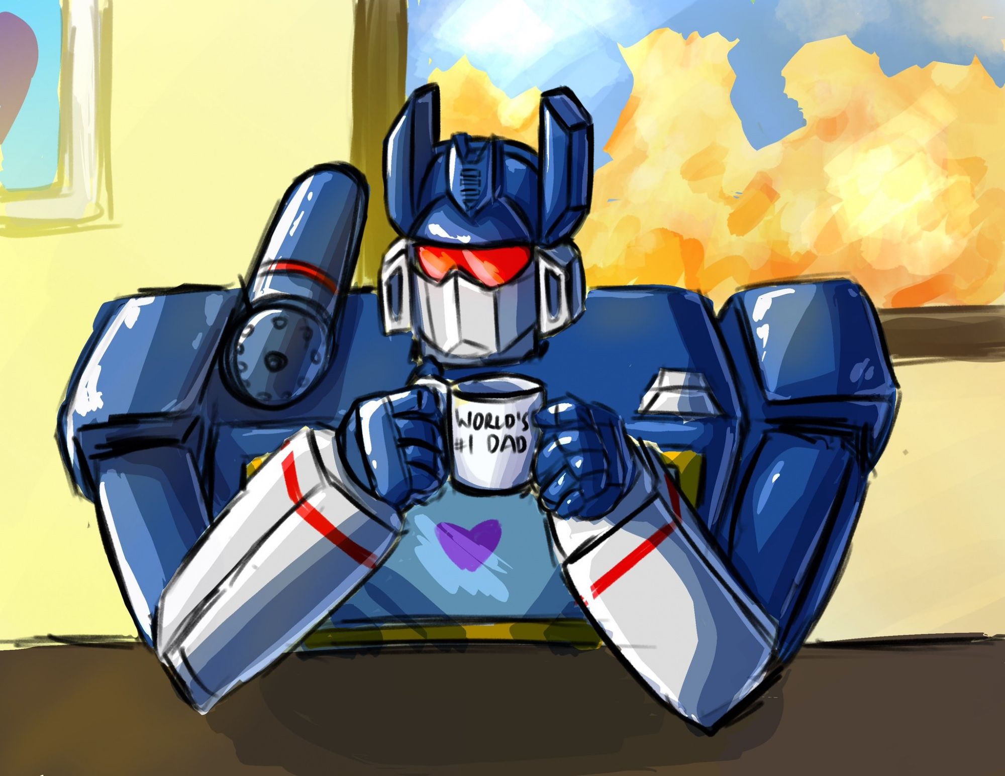 Soundwave having a cup of coffee.