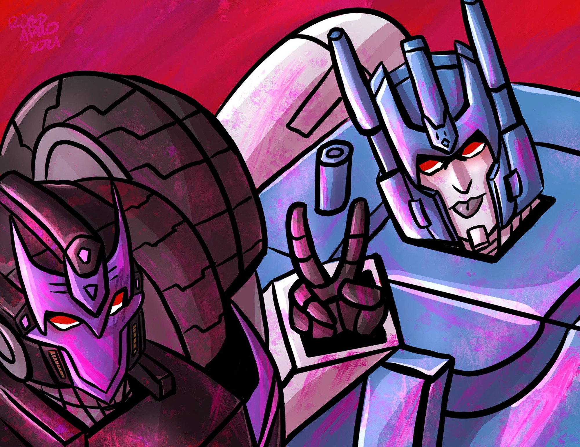 Tarn and Overlord. Overlord is doing the peace sign with his hands and sticking his tongue out. 