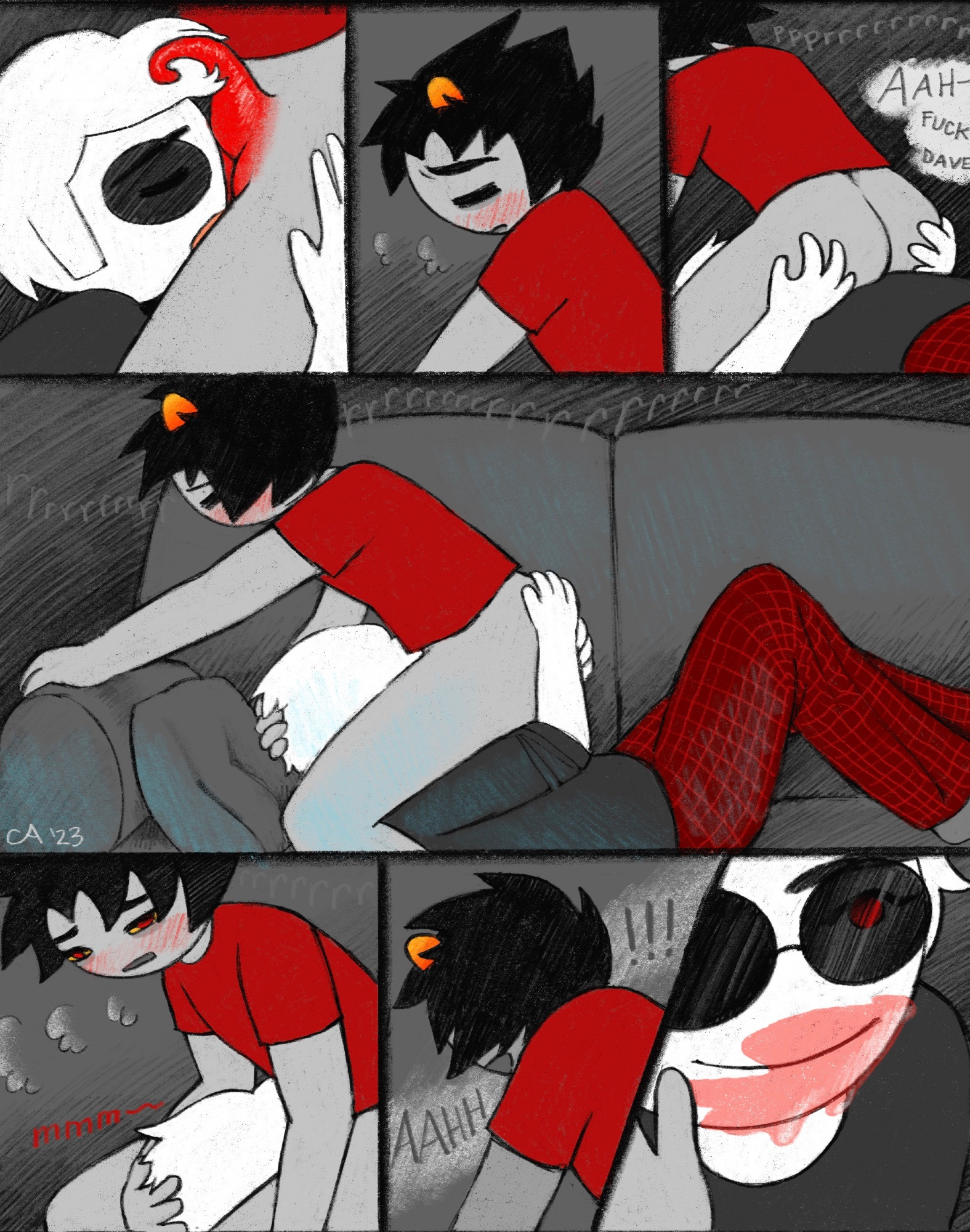 Dave gives Karkat oral.
Karkat: (pppprrrrrrrrr) AAH—FUCK DAVE
Dave: mmm—
Karkat: AAHH!!!
Dave smiles at him, face covered in translucent red genmat.