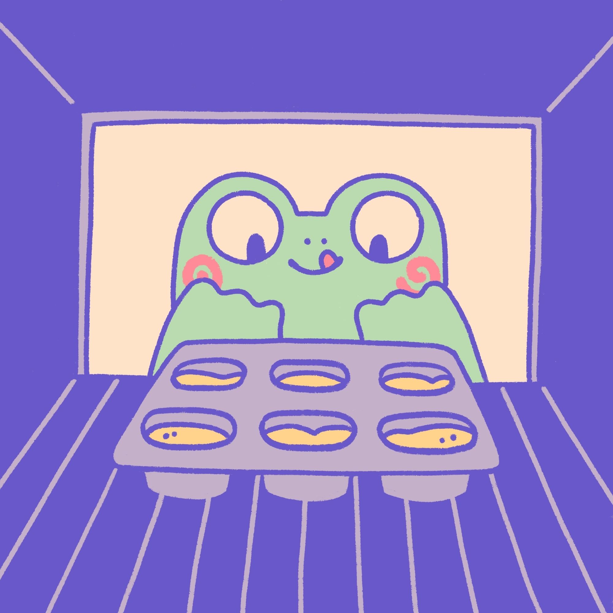 Digital illustration of the view from inside the oven at a tin of 6 cupcakes being baked and Freddy looking at them in anticipation from outside the glass door.