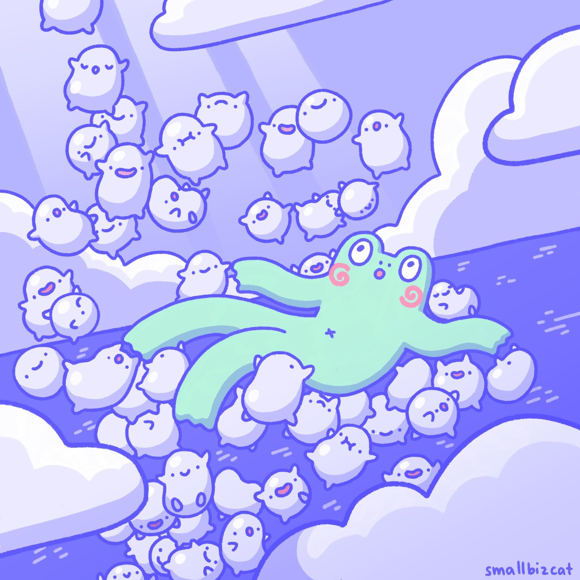 Digital drawing of my OC Freddy floating in the air surrounded my Warawara's from the movie "The Boy and the Heron", essentially a bunch of white little blob shaped guys.