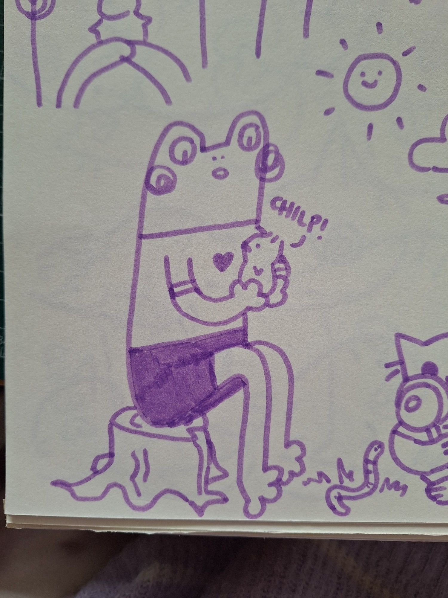 Purple felt pen sketch of my OC Freddy sitting on a tree stump and holding a little bird.