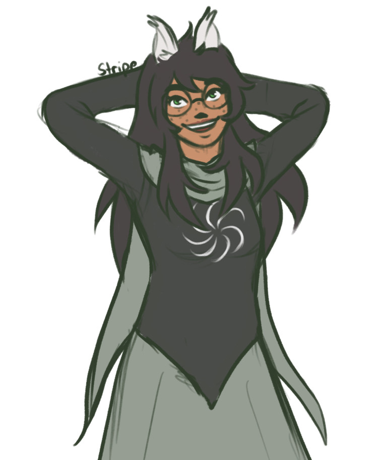 A sketch of Jade Harley from Homestuck smiling and looking up with her hands folded behind her back.