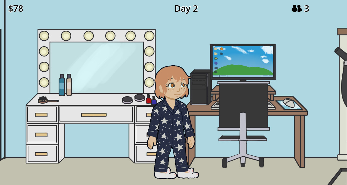 A screenshot from FashionFLASH. A girl stands in her bedroom wearing blue starry pajamas.