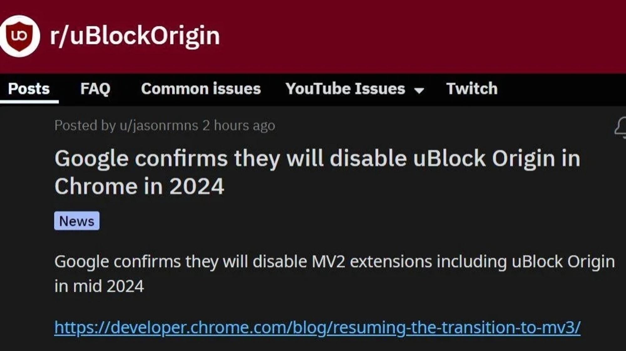 Screenshot of the UBlock Origin subreddit, the service will soon be disabled on Chrome.