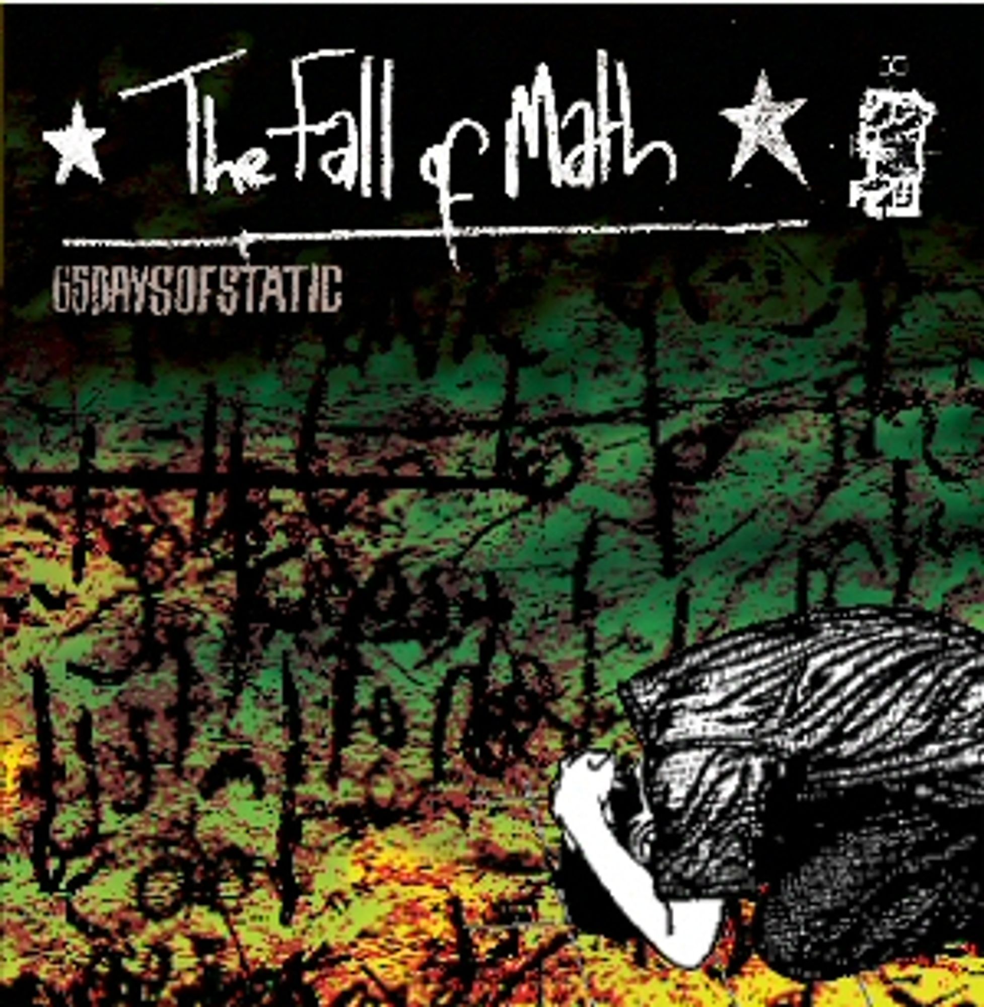 The album cover for Fall of Math by 65daysofstic, showing an illustration of a person on their knees, head bowed and covered with their hands, and scribbled text in the background.