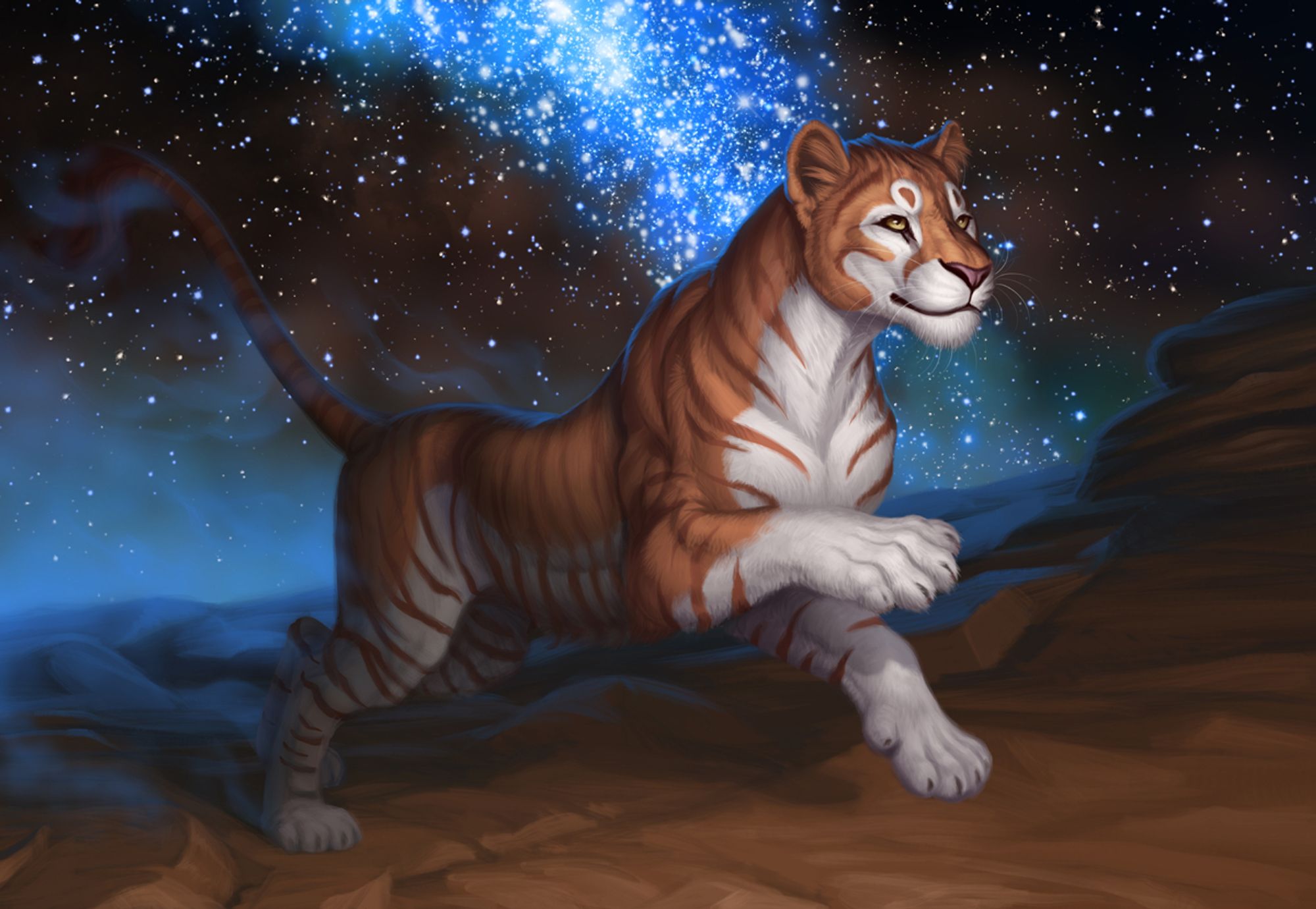 An orange liger runs along a stony desert under a starry sky