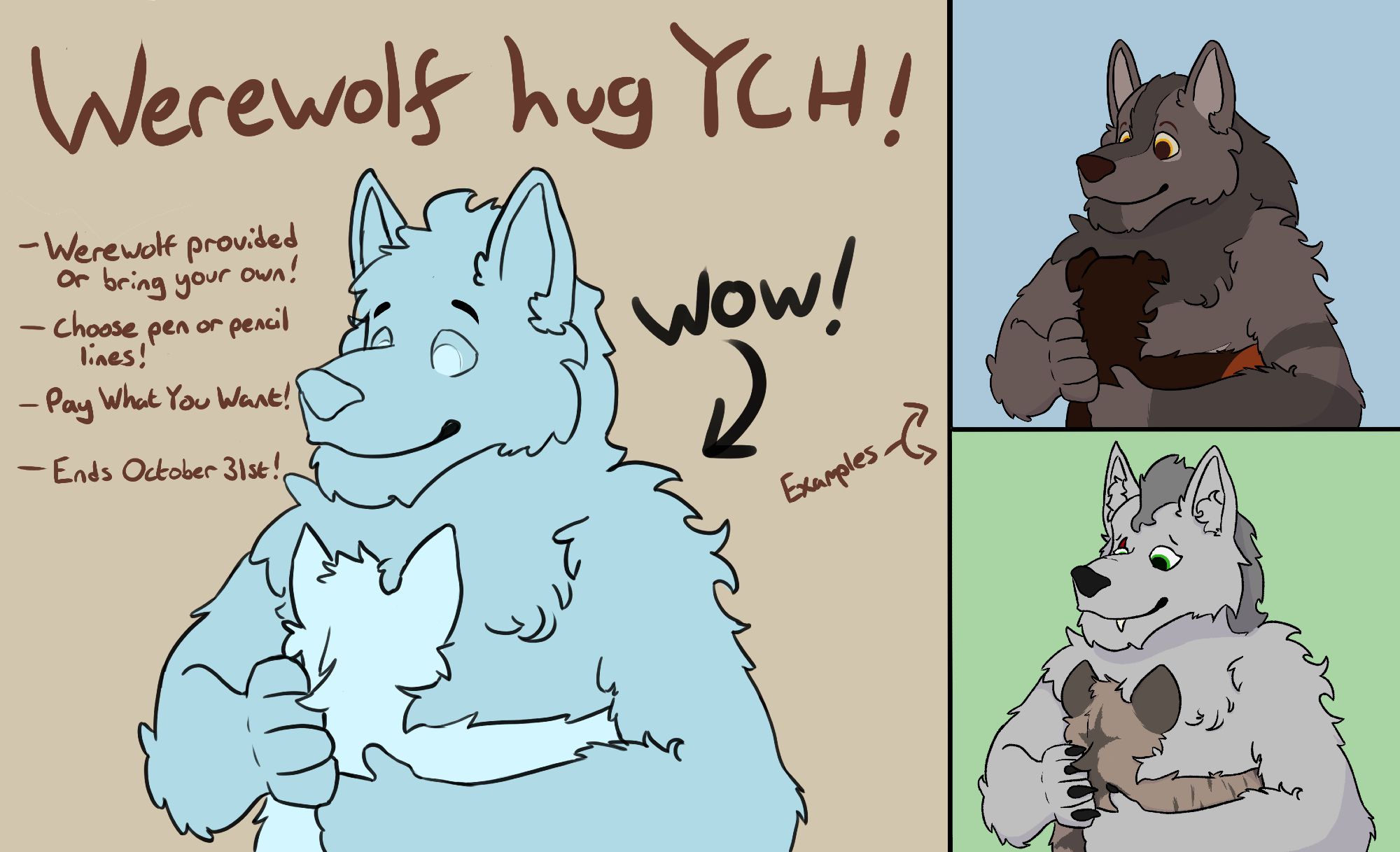 An advertisement for a YCH showing generic blank-blue werewolf hugging a generic blank-blue anthro furry, plus two finished examples!