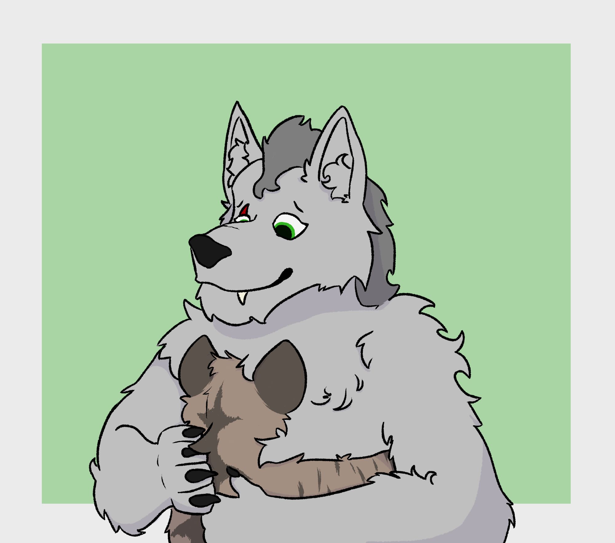 Big werewolf Radon hugging smaller anthro hyena Ellie. The background is a green square.