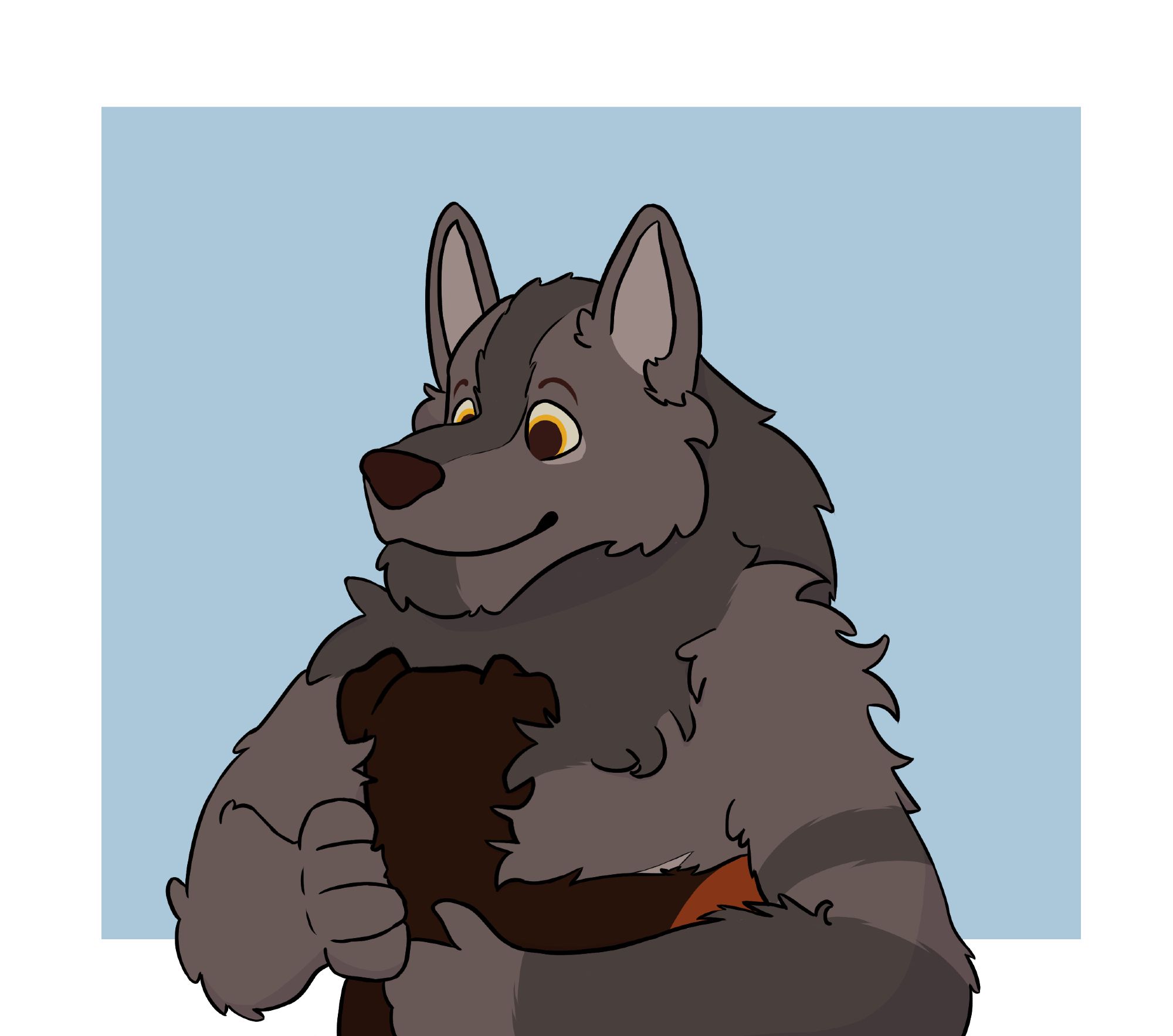 Big werewolf Hoop hugging smaller anthro dog Ryan. The background is a blue square.