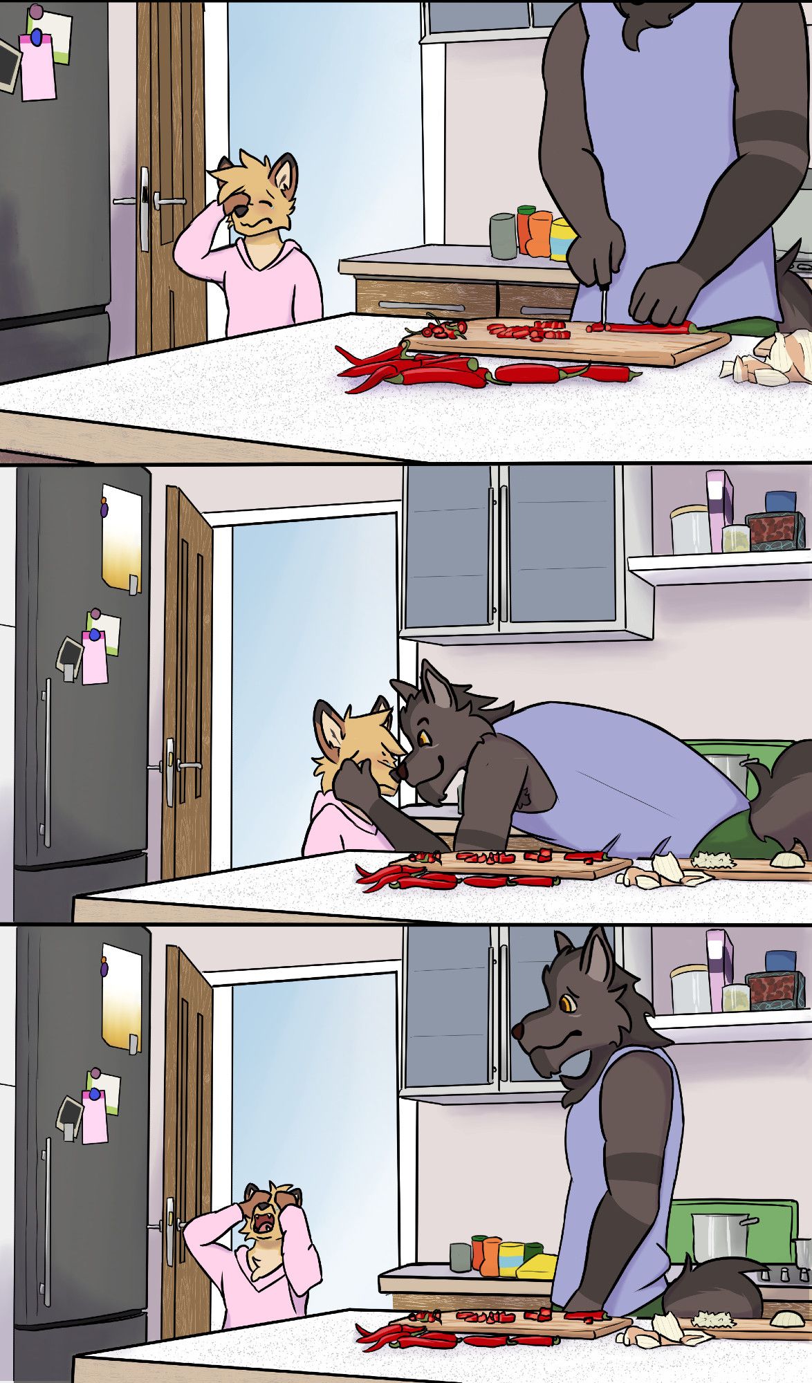 A three-panel comic of my anthro animal friends Hoop (big werewolf) and Puffy (little yellow fox) (husbands)

P1: Hoop is chopping chili peppers and Puffy walks in crying.
P2: Hoop caringly wipes Puffy's tears, with thumbs that have spicy pepper juice on them.
P3: Puffy yells, as his eyes sting.