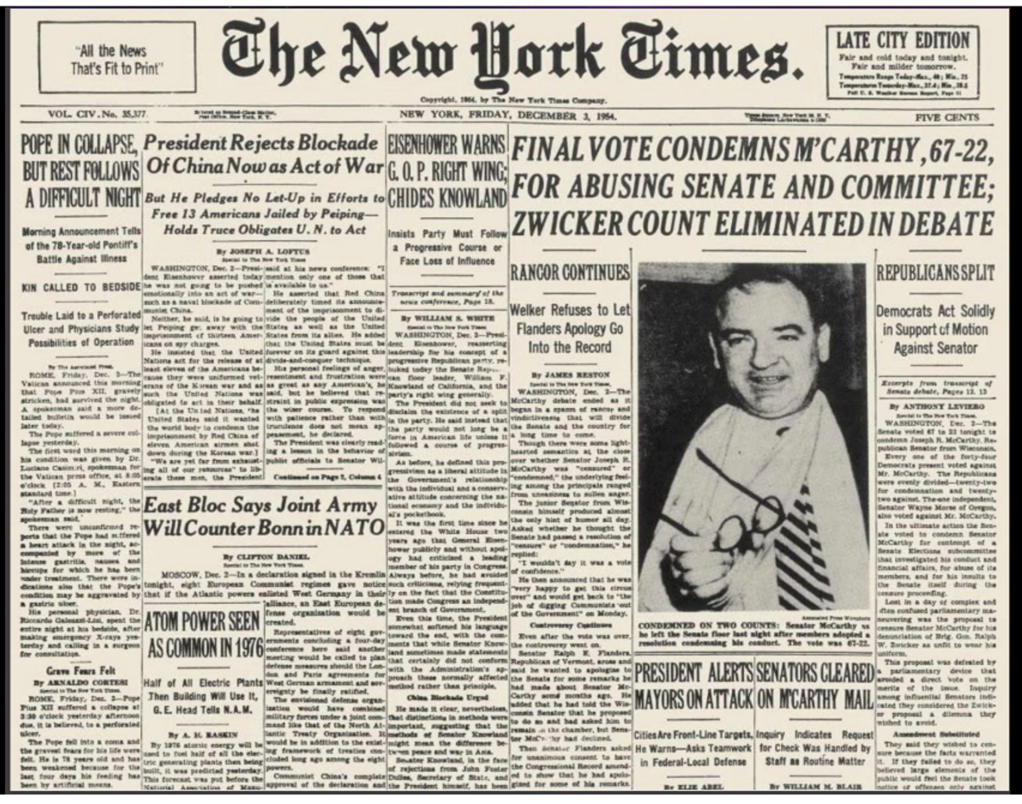 NYT page with article about Senate's McCarthy condemnation