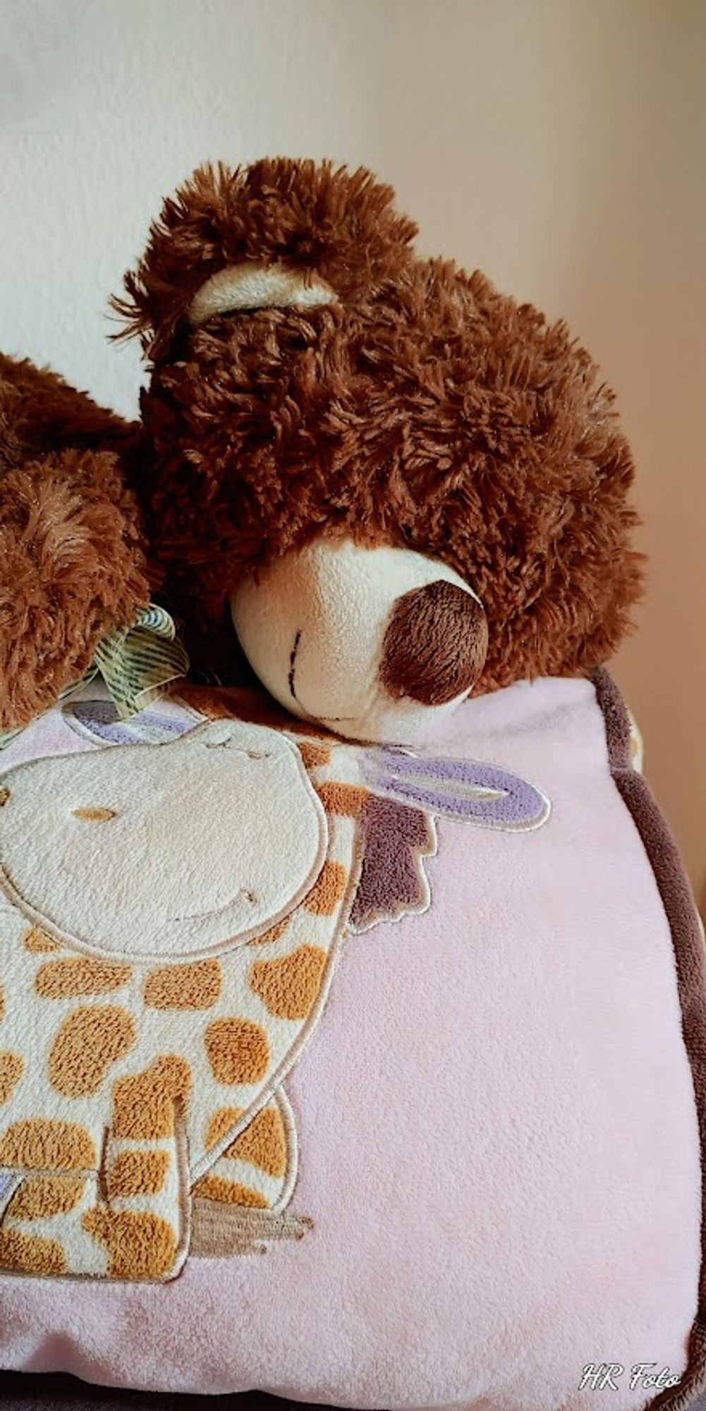 Ein brauner abgeliebter Kuschelbär liegt auf einem rosa Kuschelkissen mit einer aufgenähten "Giraffe".
Man sieht von beiden nur den Kopf/Oberkörper