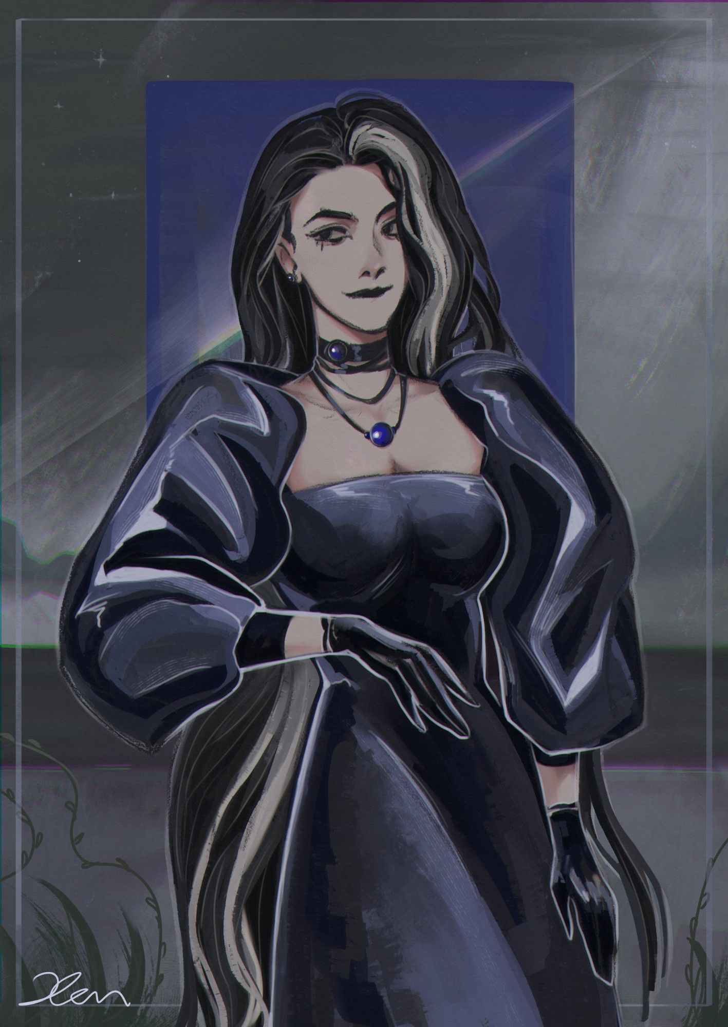 Hela (she/her) is staying in front of a sea line in a beautiful dark blue dress. She is smiling mysteriously while looking at her side as if she has seen someone familiar. The weather is gloomy and grey, the storm is coming