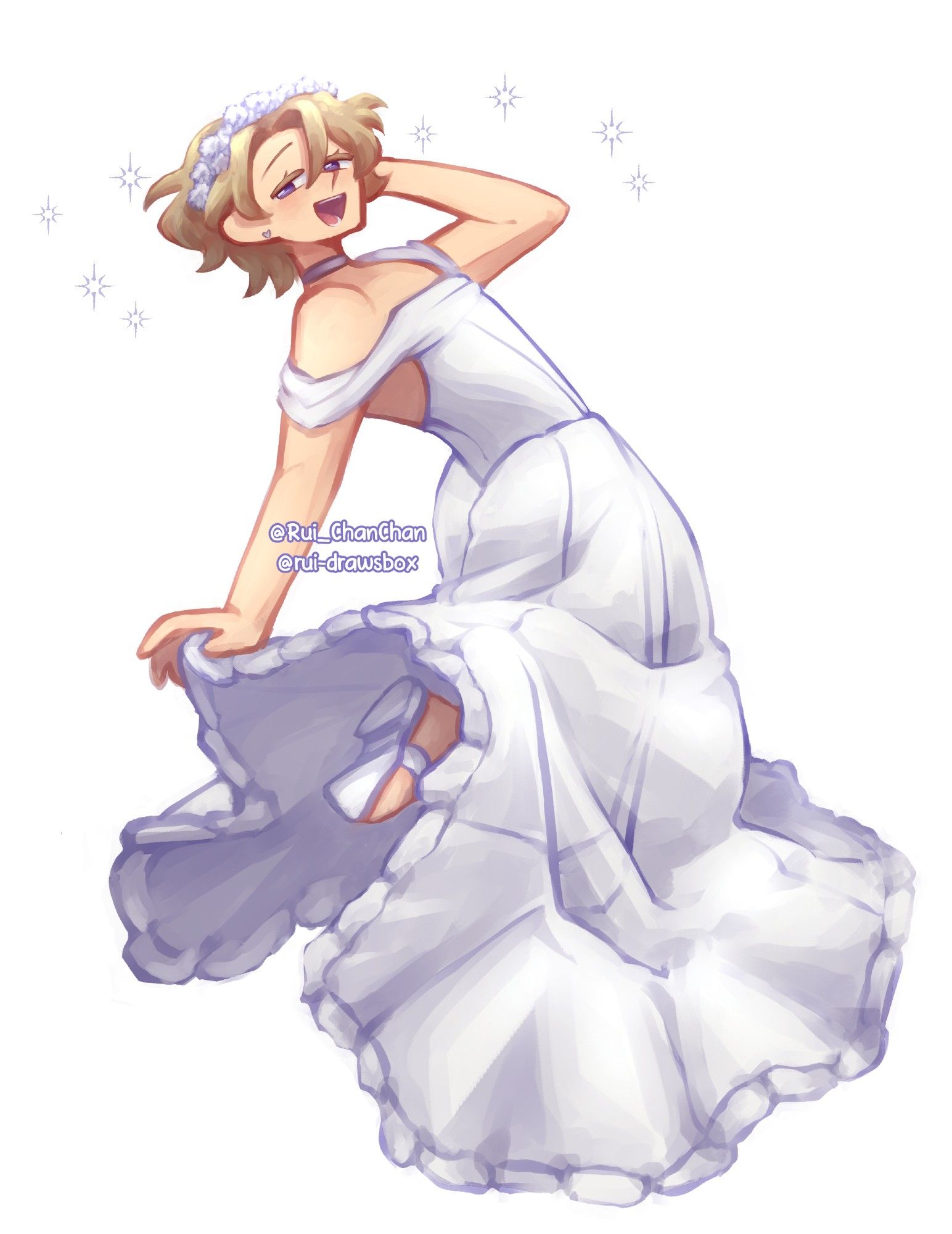 full body drawing of Arashi Narukami from the game Ensemble stars dressed on a wedding dress, smiling happily :D