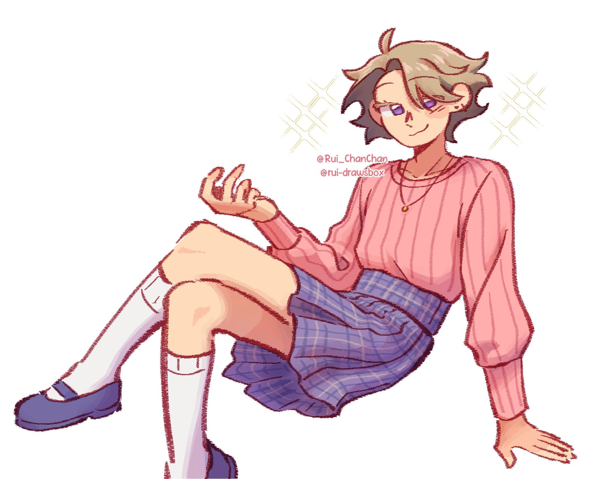 fullbody drawing of Arashi Narukami from the game Ensemble stars sitting on the air with a pink sweater, purple plaid skirt and a smug expression