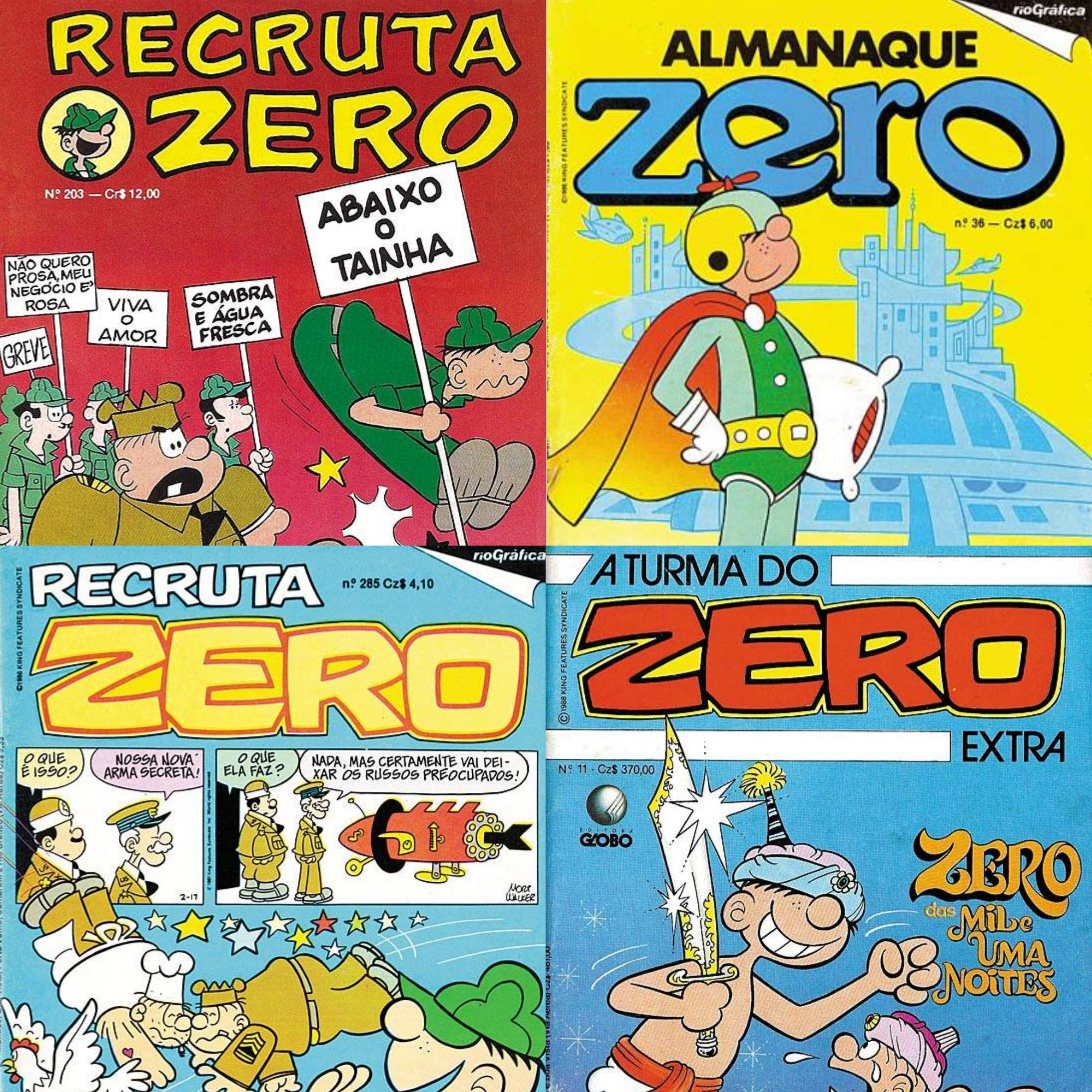 O Exército do Futuro, publicada no Almanaque do Zero n°36 (RGE, maio 1986)
Procura-se uma galinha, publicada na Recruta Zero n°285 (RGE, maio de 1986)
Zaladim e a Lâmpada Maravilhosa, publicada em A Turma do Zero Extra n°11 (Editora Globo, dezembro de 1988)
O Escritor, publicada em Recruta Zero n°203 (RGE, julho de 1979)