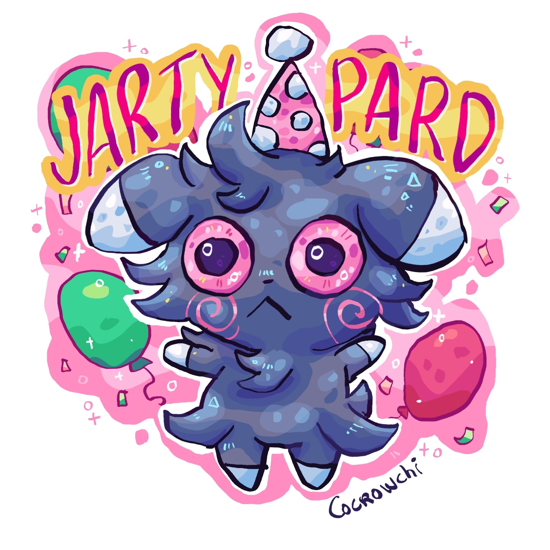 Dibujo de Espurr de Pokémon con un gorro de fiesta y con globos de fondo y confeti. En el fondo está escrito en grande Jarty Pard