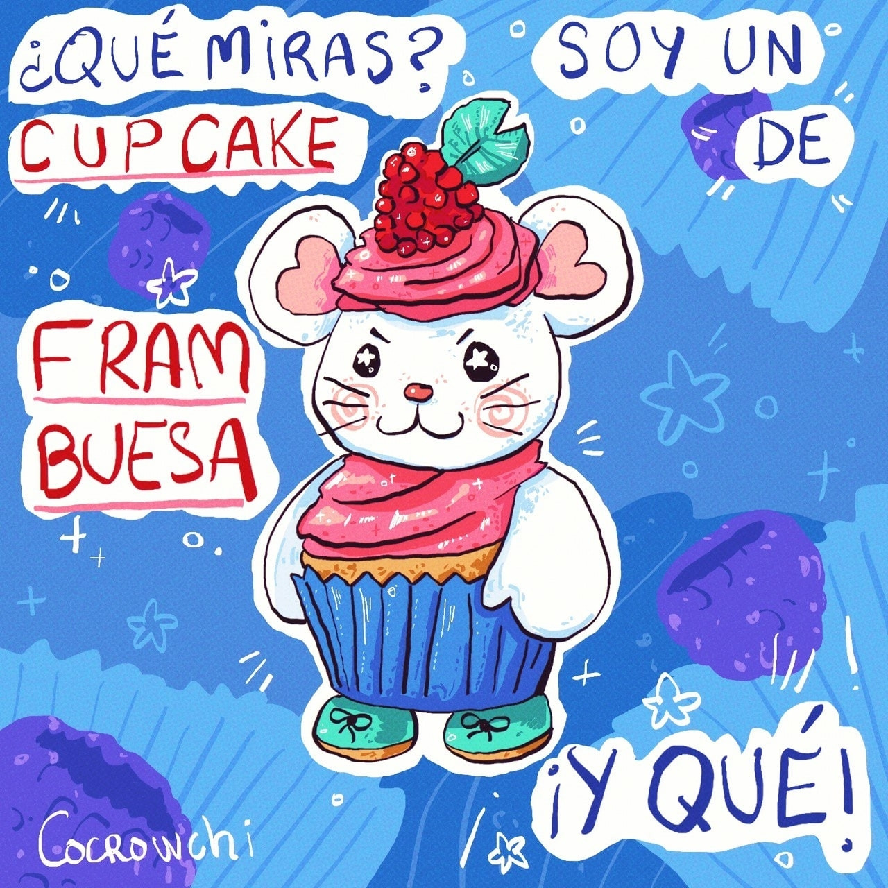 Dibujo de un ratón de Sylvanian Families disfrazado de cupcake de frambuesa con el texto: Soy un cupcake de frambuesa ¡Y qué!