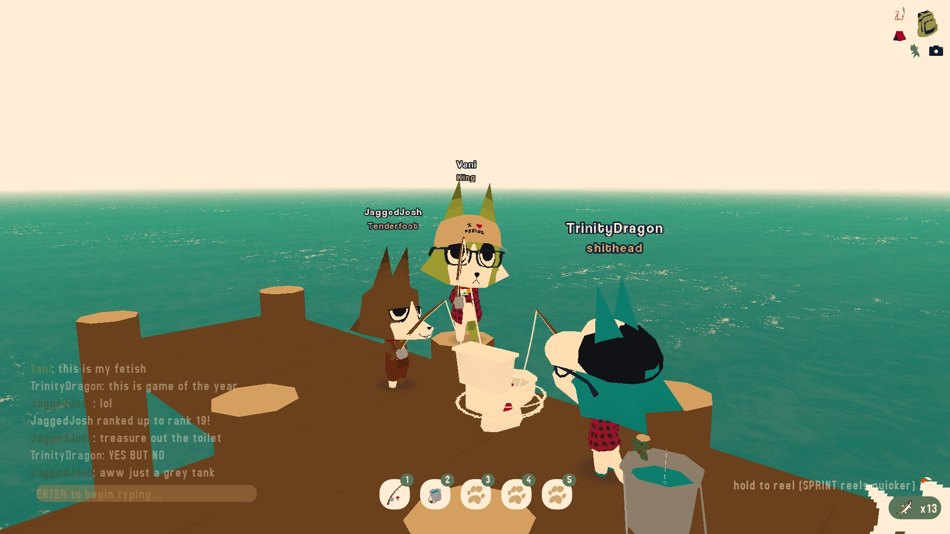 Three furry folks playing Webfishing. They are fishing out of a toilet bowl. I am wearing a hat that says "I <3 peeing". It is very important.