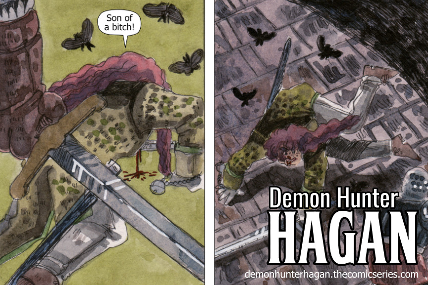 Panels of my webcomic Demon Hunter Hagan featuring Hagan fighting. In the first panel he is kneeling on the floor, nose bleeding, and curses his aggressor, whose hand and sword are on first plane. The text reads: Son of a bitch! The second panel features Hagan jumping for avoiding an attack.