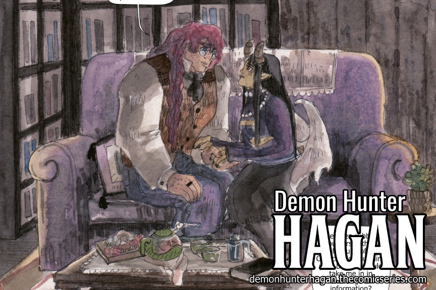 Panel of my webcomic Demon Hunter Hagan featuring Hagan and Chorus having a very intimate conversation on a sofa. There is a table with a tea set and sweets.