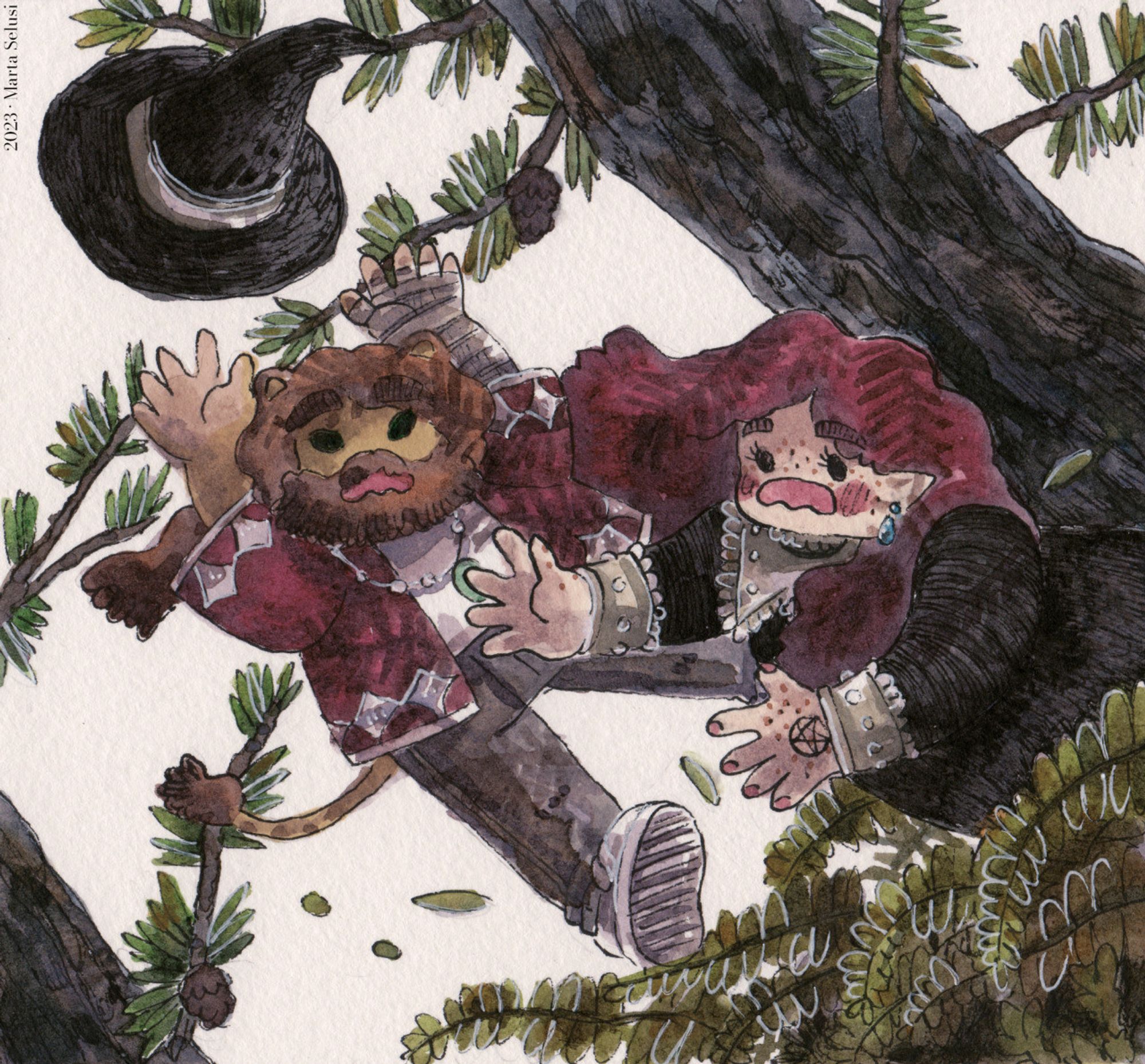 Illustration made with watercolours and inks of my original characters prince Song and Grey-eyes Selwyn. The wind is carrying Selwyn's sorcerer hat so they are trying to catch it through the forest.