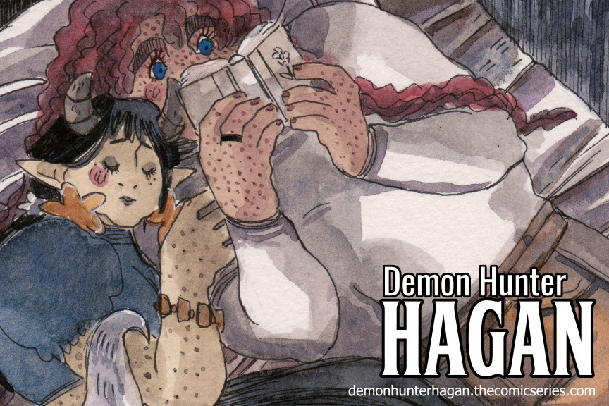 Panel of my webcomic Demon Hunter Hagan featuring Hagan and Chorus on a bed. Hagan is reading while Chorus rests on his shoulder.