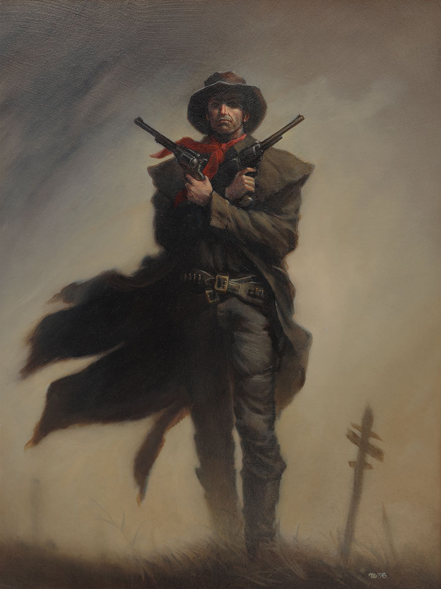 With a stolid, determined expression, Roland steps forward with arms crossed in front of him. The brim of his hat shades his eyes but can't hide his penetrating stare. Looking like death incarnate, he holds his big revolvers to form a large X. His belts are similarly crossed at his waist. The dusty, windswept tone of the painting is broken only by the brilliant red fabric tied about his neck. Both his kerchief and his long duster are caught by the breeze as is the rough clump of grass in front of him.