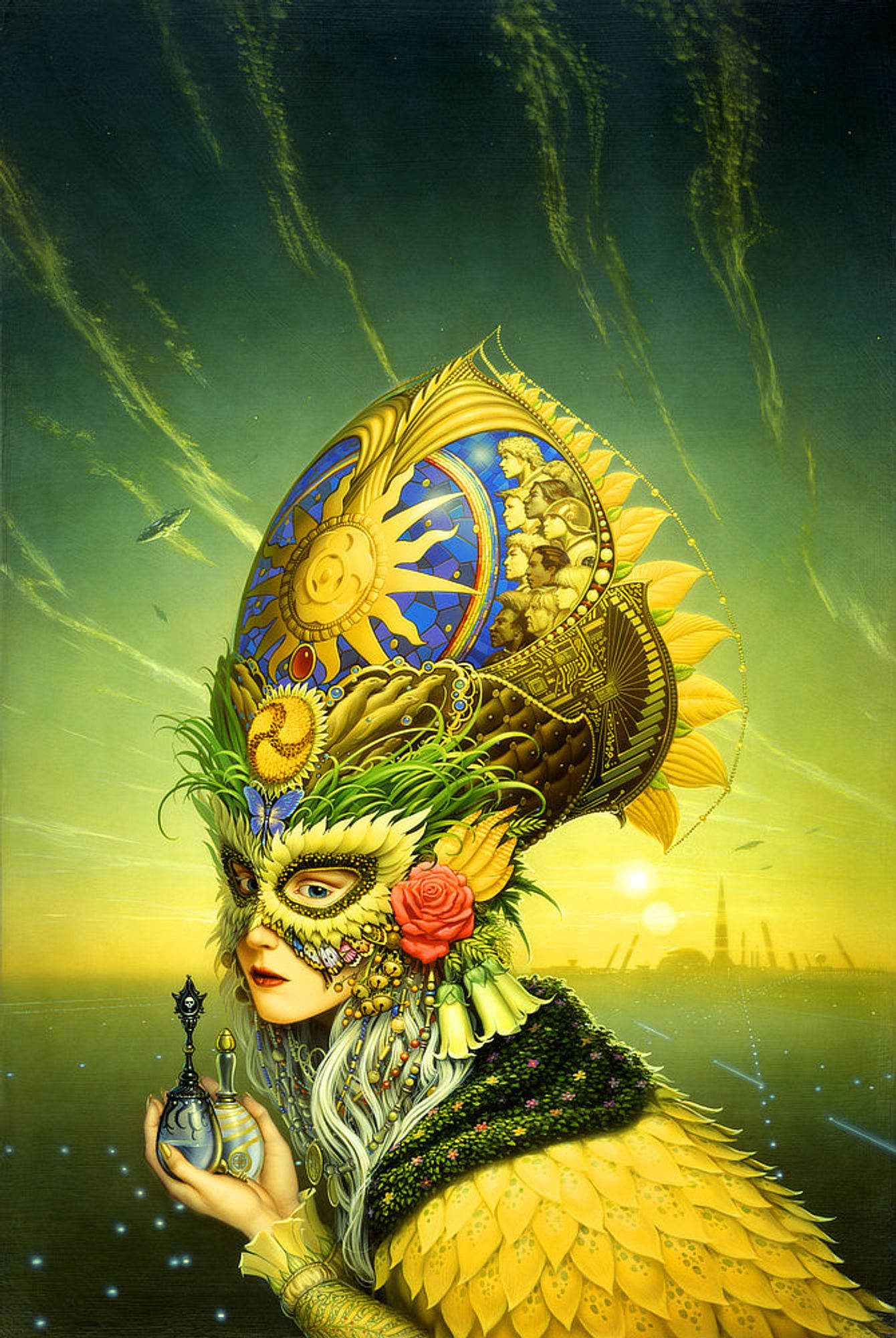 A woman in ornate headdress and leafy yellow cloak holds out two glass vials. One is accented in black with a skull decorating the slender handle of the stopper. The other vial is decorated with a gold swirl leading to a Celtic shield knot. 

Her young face is covered by a mask of pointy yellow leaves with a gold and green border framing her blue eyes. A motley pattern of butterfly wings peeks out underneath; a purple butterfly is centered above her forehead. Bells hang from her ear which is covered by a single pink rose. A hint of white hair mixes with beaded necklaces covering her neck. Wild grass sweeps off the top of the mask. The tall headdress is laden with symbols. Central among them is a sun with a stylized biohazard symbol at its center.