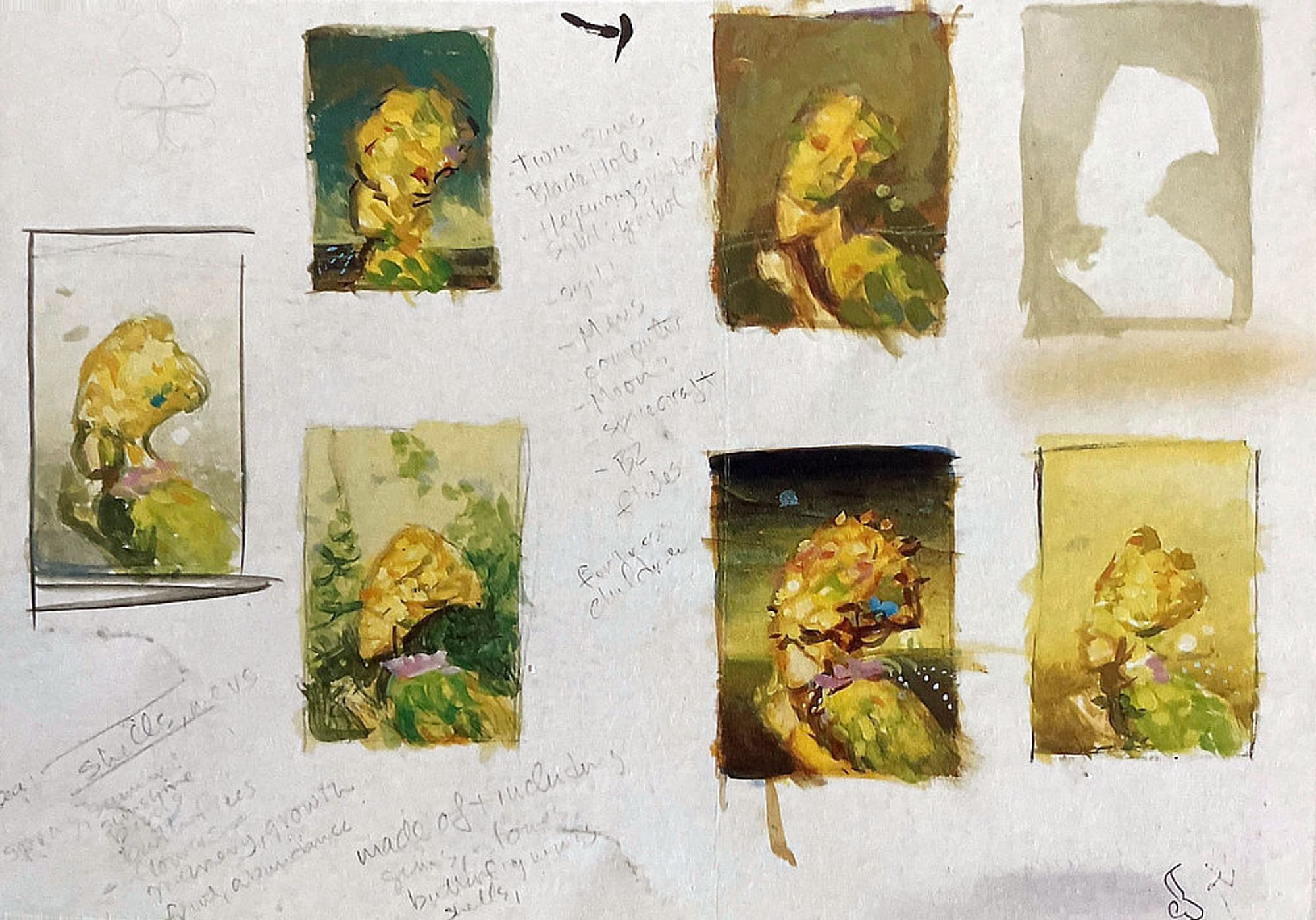 7 thumbnails sketches sample different yellow green color combinations. In the columns between, illegible artist notes are scribbled.