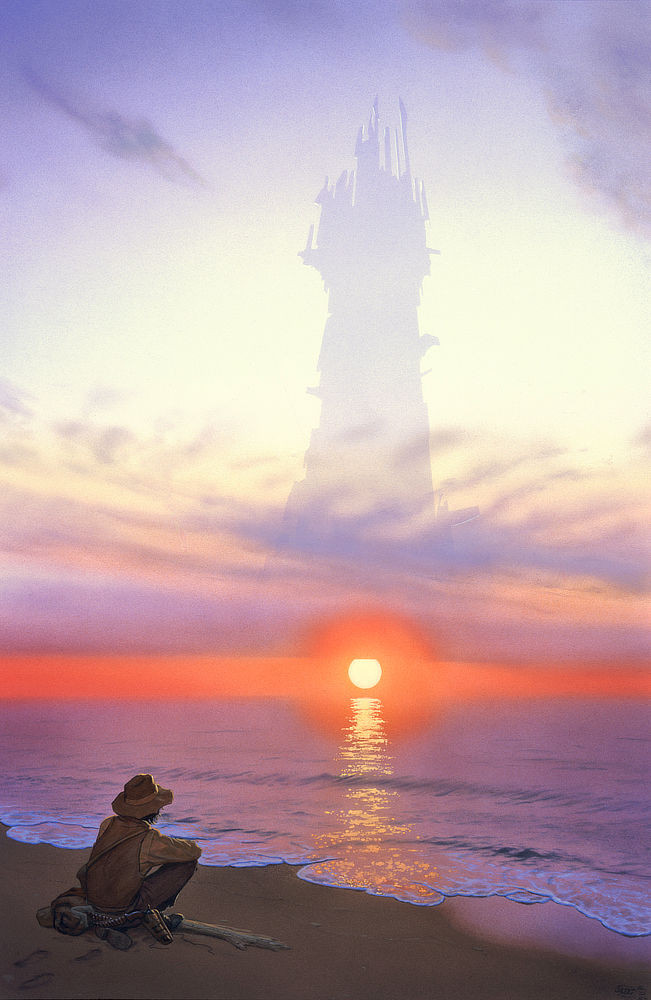 Roland Deschain, the last gunslinger, stares contemplatively across the sea as waves gently lap the shore. Footprints can be seen in the damp sand leading to where he sits, pistol unstrapped at his hip and bedroll at his side. The sun hangs low but intense, blazing a line of orange across the horizon. Over a low stretch of wispy clouds, the silhouette of an asymmetrical tower rises dream-like in the sky. Odd projections mark the sides while spires of varying height sit atop the peak like chaotic crenelations.