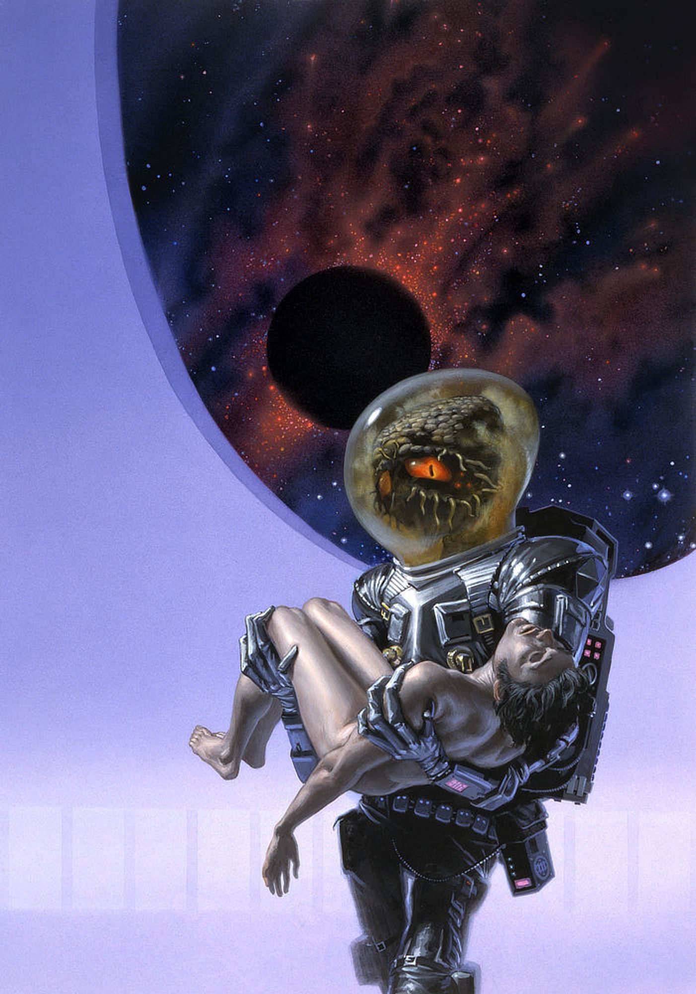 An alien in silver spacesuit and fishbowl helmet cradles the naked body of a human male. Large oblong eyes, red with slitted pupils, weigh heavy. Despite it's alien features, including lumpy green skin, short facial tentacles and a lack of lower jaw, it's expression evokes care and grief. A starfield can be seen in a large viewport just behind it. The stars surrounding a spherical black body shimmer red.