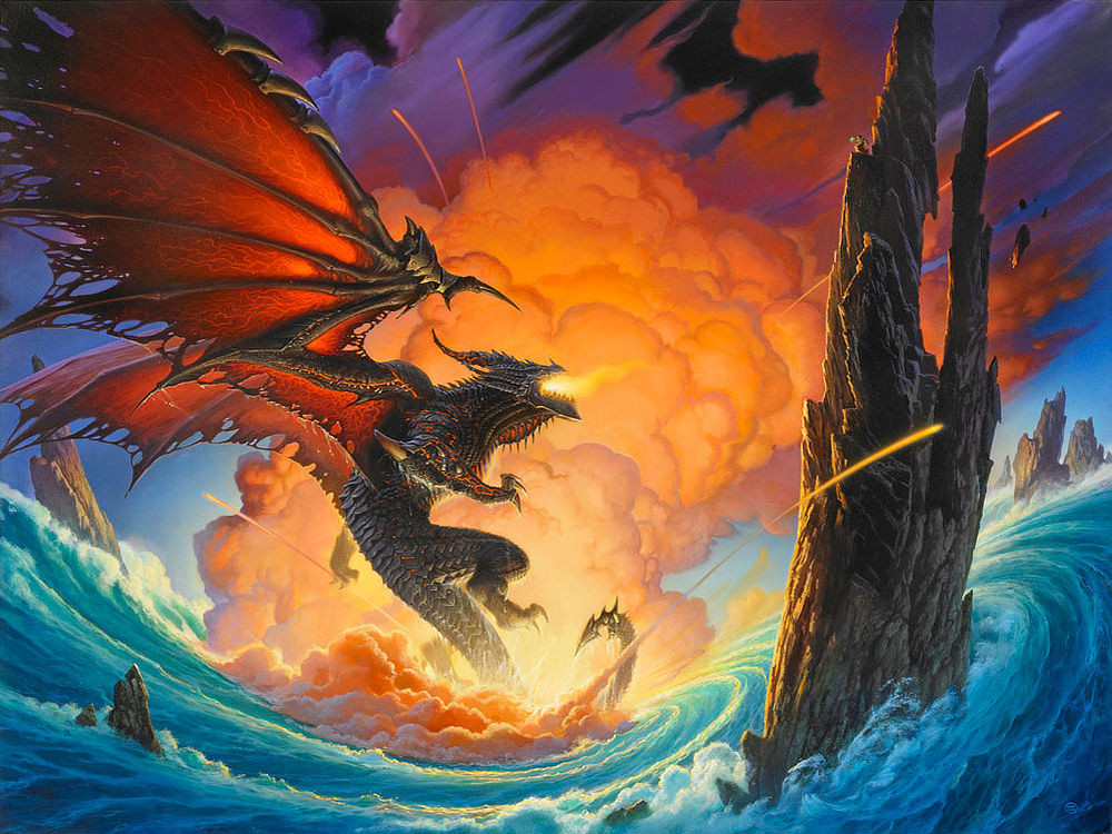 A black dragon with flame smoldering in its mouth and lines of magma burning between its scales spreads mighty wings as it emerges from the ocean. Water spirals and froths, rising at opposite edges of the panel with the massive displacement of the dragon rising. The rib supports of its wings are thick and spiked, but the flesh between is tattered and showing through at the edge of its wings. A cloud of orange billowing smoke rises behind. Lines of fiery debris launch in random directions. A spire of rock rises from the ocean as a tiny figure perches atop faces the massive beast.