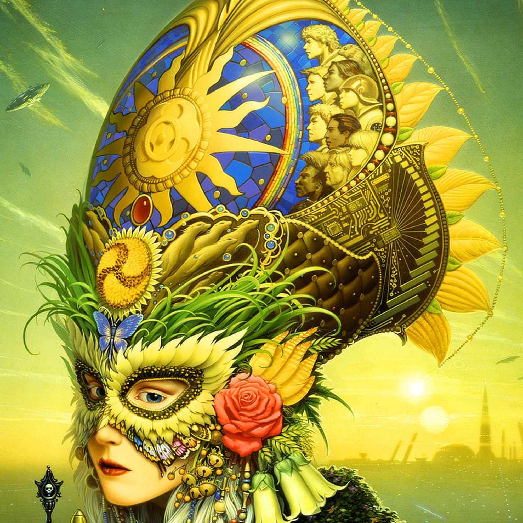 Detail of mask and headdress. Set against a blue stained glass pattern is a stylized sun with straight and wavy rays. At its center is a biohazard/mutagen symbol slightly altered to give it a more regal flare. Diverse face are set at the top edge of the headdress staring at the central symbol. Below the sun sits a sunflower with a 3 swirl pattern at its center. From both sides of the sunflower, rafts of sea lions swim outward. A pattern of circuitry and graphs decorates the back edge in olive-bronze.