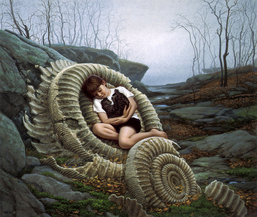 A pair of ammonite fossils rests against a stone embankment in the immediate foreground left. There a boy cradles a gray tabby cat in his arms as he lays back against the larger ammonite with his eyes closed. The curve of his lower leg rests on the second fossil. Notably in the autumnal setting, he wears only black shorts and a white t-shirt. Echoes of other ammonite fossils can be seen in stone above and behind. A trail of russet leaves over damp rock leads into the graying distance as thin trees stand skeletal against hazy skies.