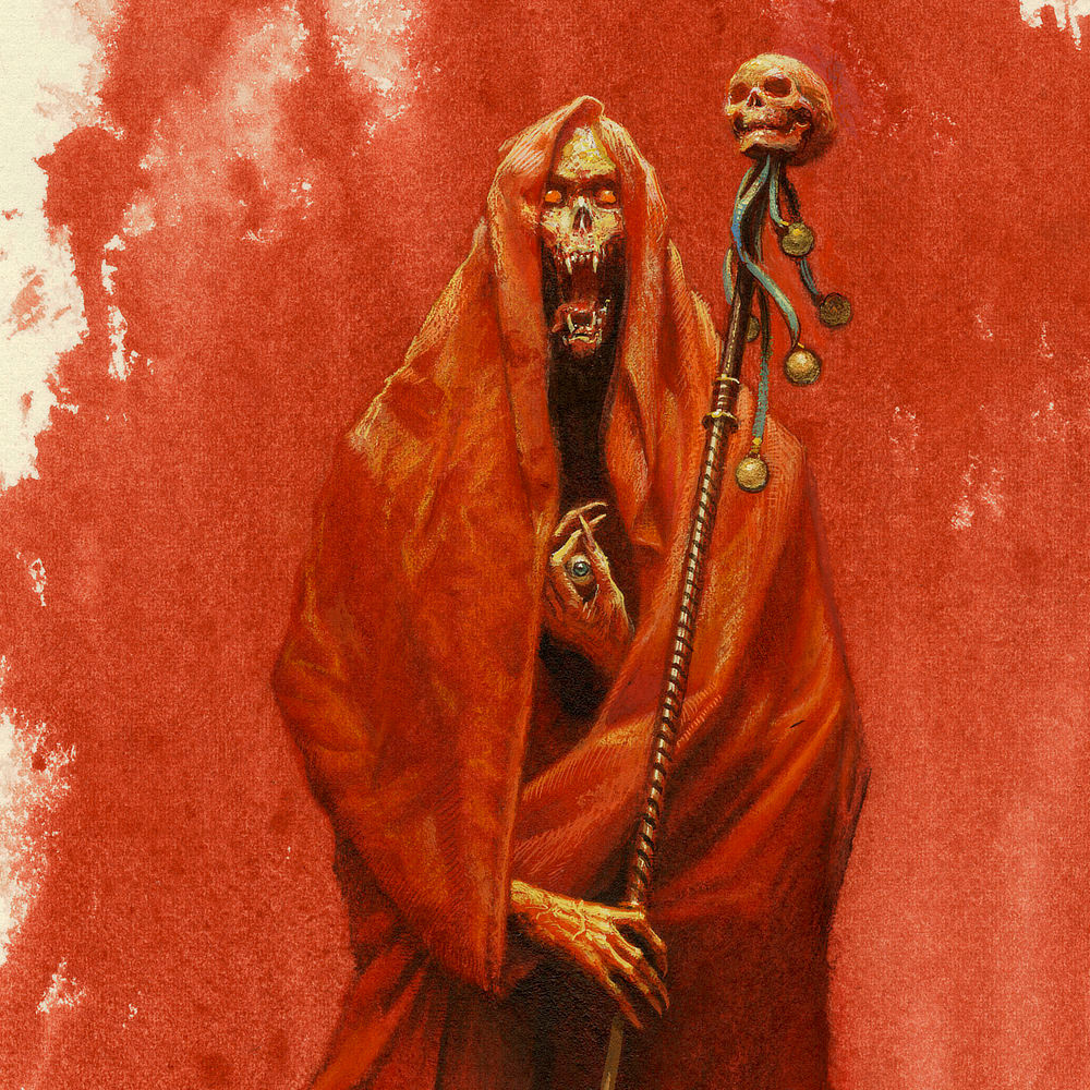 Detail from LORD OF DISCORDIA featuring a horrific figure rapped in Crimson holding a skull topped staff in one hand and an eyeball in the other.