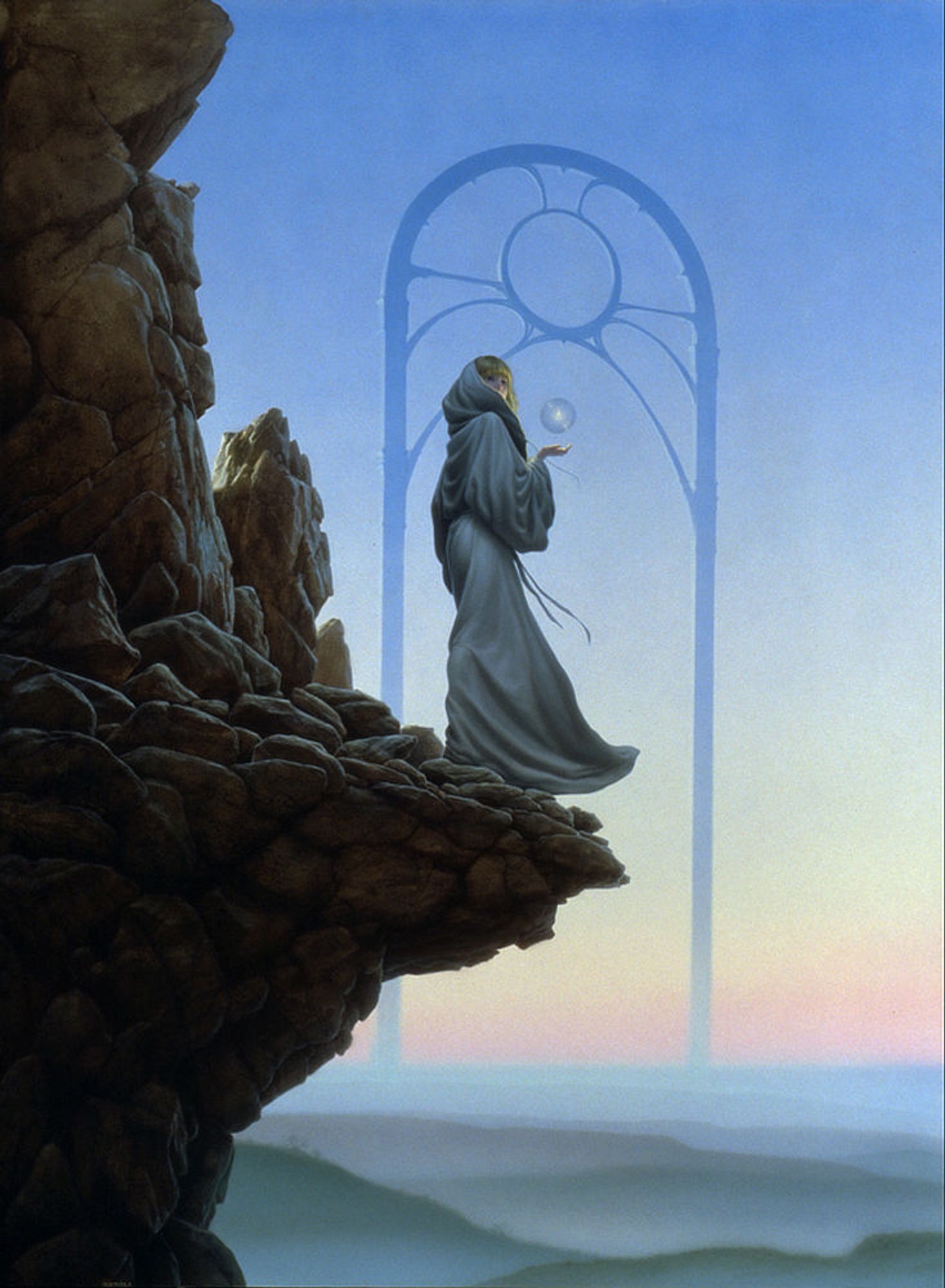 A mysterious woman, hooded in windswept robes, stops at the edge of a rocky outcrop. With palm up, she holds out her hand, and above it floats a transparent sphere containing a solitary flame. At the edge of the cliff, she stands framed by a tall arch in the distance. A circle—an echo set above the vessel she holds—sits high in the arch. Anchored by elegantly curving supports, it suggests something mystical as if it may not exist physically in this world but rather serve as a portal to the next. Behind, blue skies fade to a peach streak across the horizon and the misty hills rolling below. She seems poised to step out into open air but she turns her head back, partially revealing her face. Her thoughts linger on where the next step will lead. Will it be over the edge and down? Or does this passage lead to someplace else?