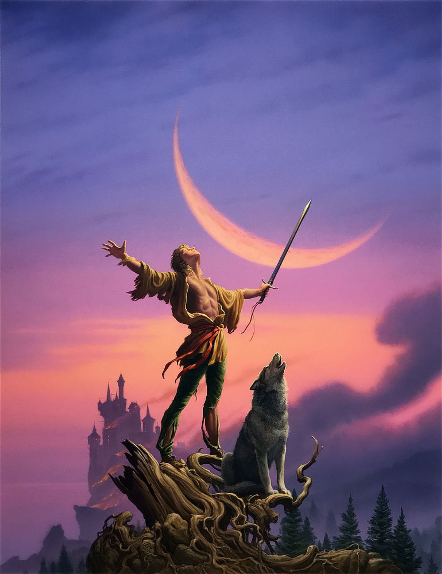 Standing on a broken, partially uprooted tree trunk, a man throws his arms wide and his head back with eyes closed. He holds a straight sword so the tip pierces the fat crescent of moon looming overhead in the lavender sky. His tunic is open to expose his chest. The fabric billows as the breeze catches it, and the tails of a red sash flutter. One sleeve is in tatters as are the lower legs of his pants. A gray wolf sits on the gnarled roots below him, extending its neck in a howl. The moon looms large overhead in crescent. In silhouette, a castle burns in the background sweeping trails of smoke across the forested hills.