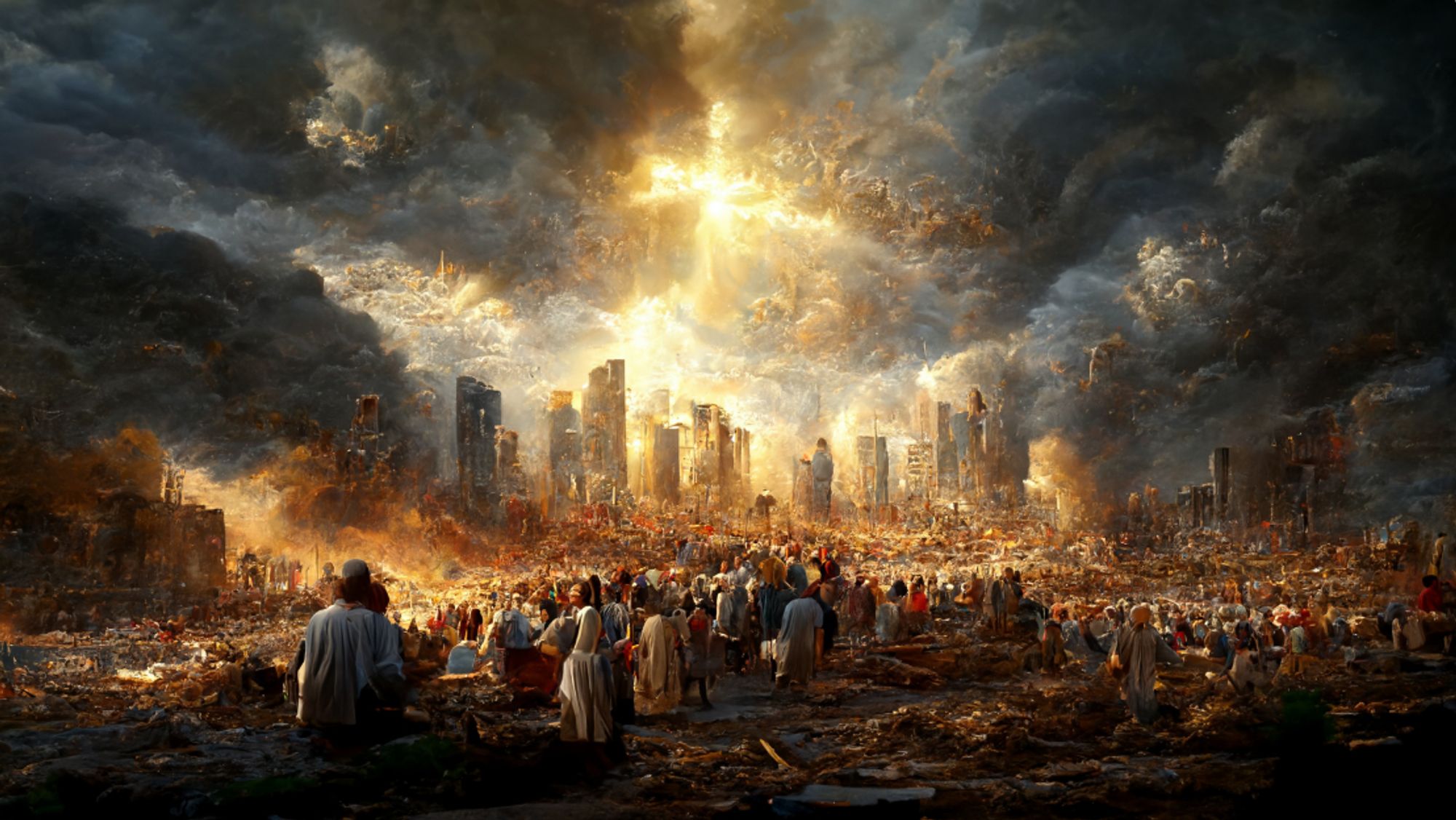 dystopian image of many people standing in a decimated urban landscape, with dark cloudy skies and plumes of smoke.