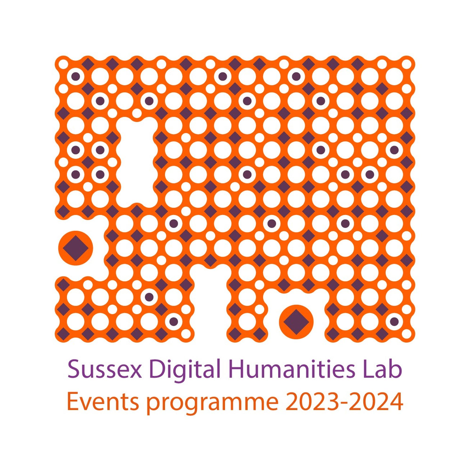 purple and orange abstract logo image + text Sussex Humanities Lab Events Programme 2023-24