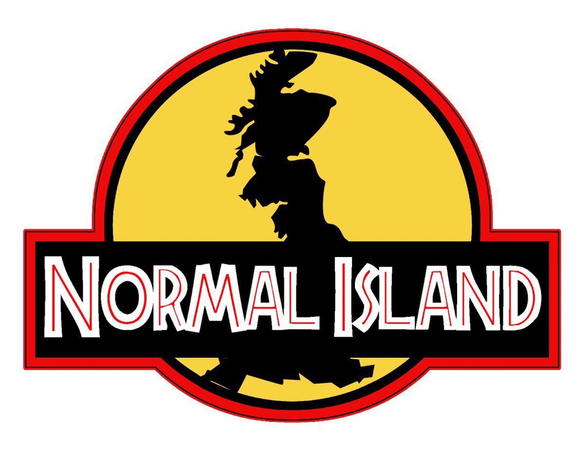 Great Britain under a Jurassic Park-like logo calling it NORMAL ISLAND