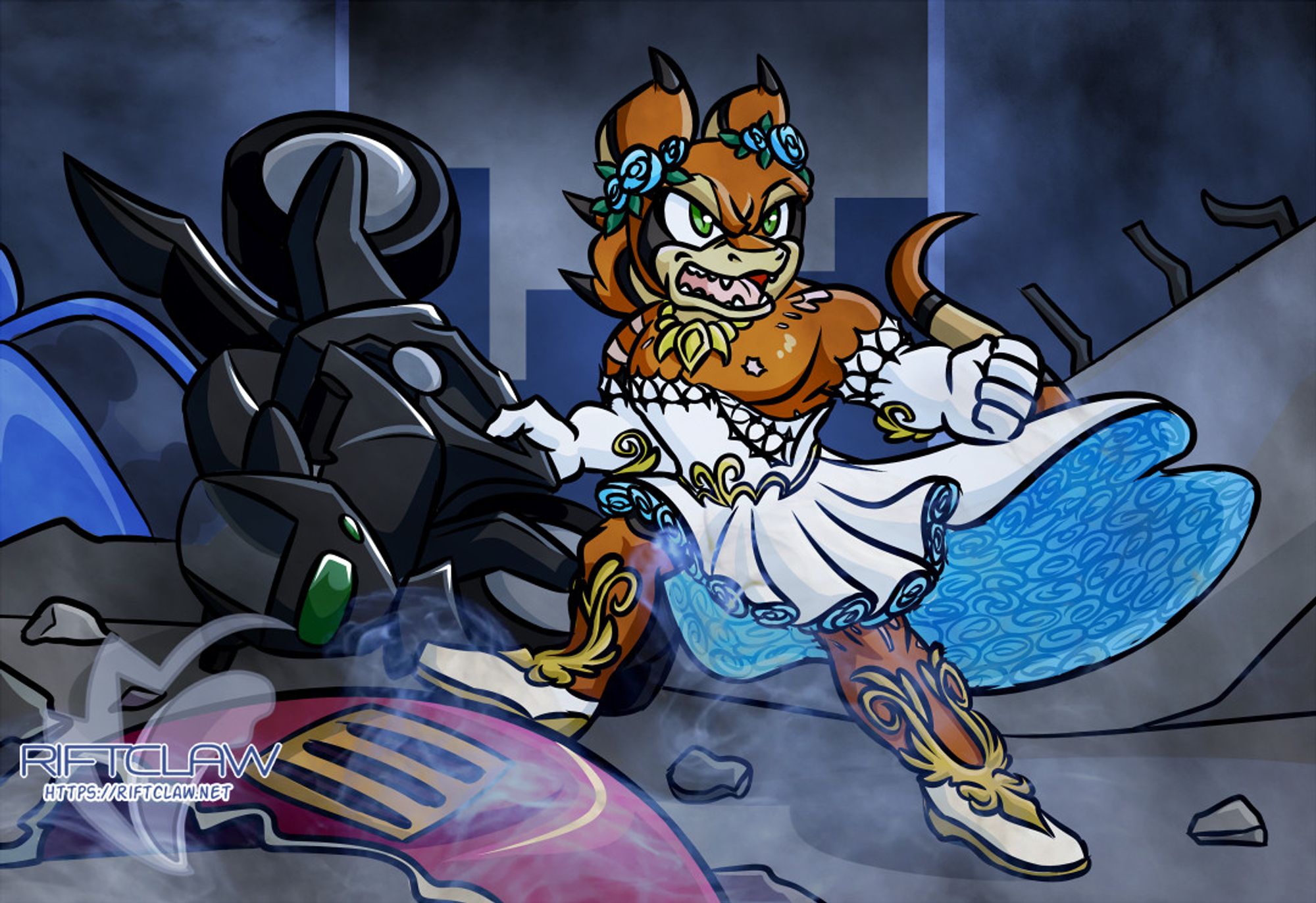 A digital drawing of Agent VX, an orange, ochre yellow and dark brown anthropomorphic lizard with green eyes and heavy eyeliner. He is wearing a white wedding dress with blue rose trim, a golden necklace and shoes decorated with gold trim. He is standing in the rubble of a ruined city, surrounded in smoke, holding a black motorbike with one hand as though he's getting ready to club someone with it. He is looking at something offscreen, his face contorted into a snarl.