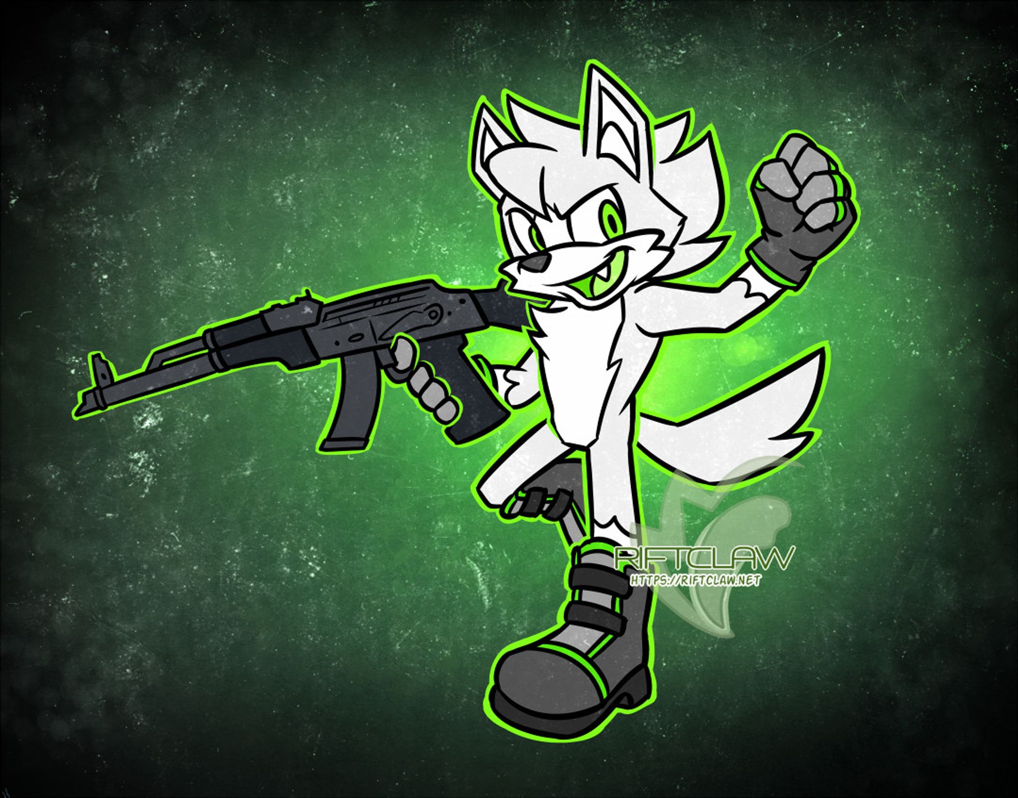 A digital drawing of Curie the Radiant, an anthropomorphic white wolf with neon green eyes and a bright green tongue and inner mouth. He is wearing black and grey shoes and gloves with neon green trim. He is standing as though in mid step, his left hand upraised in a cheer, while in his right hand he holds a black AK-47 almost as big as he is.