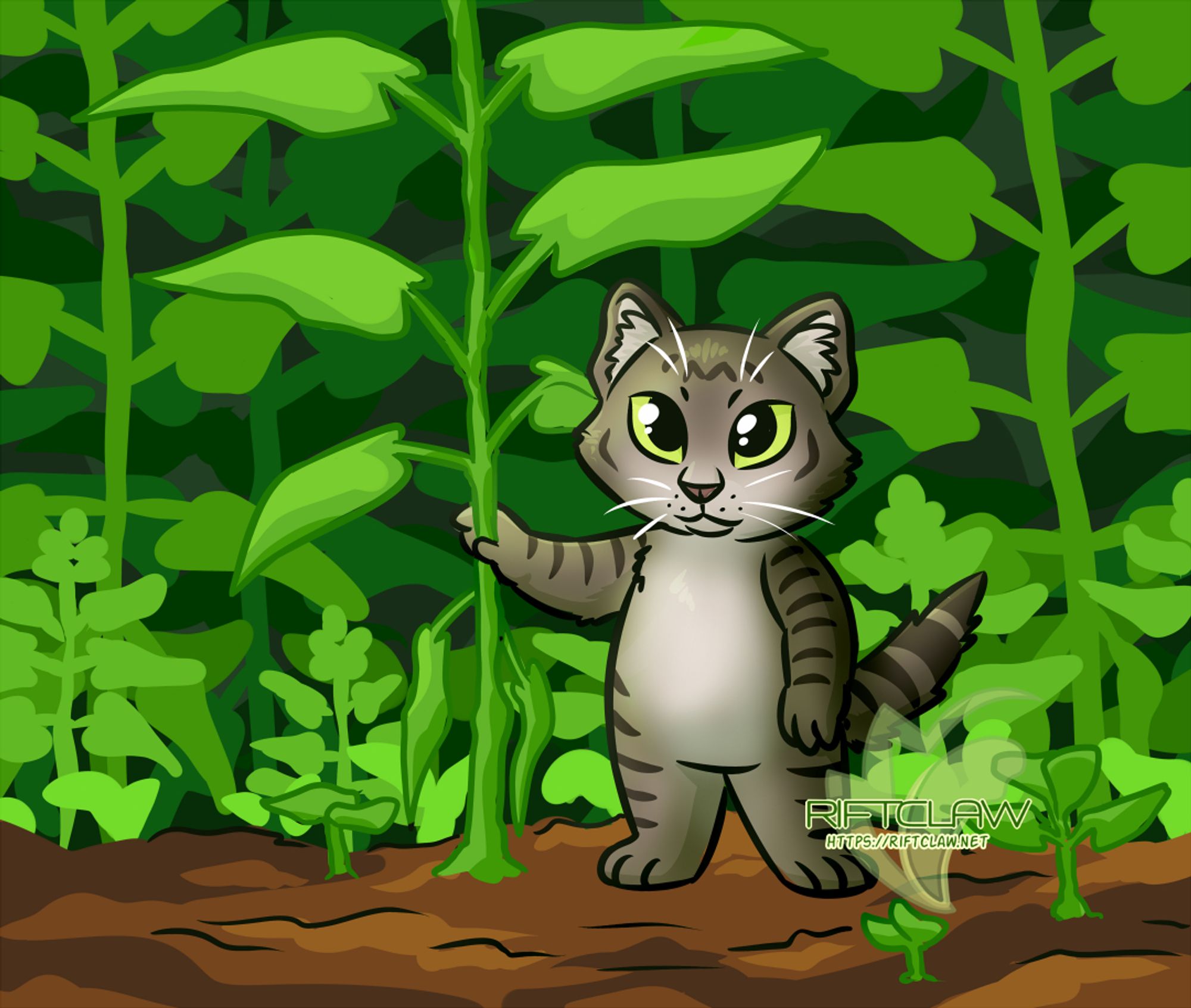 A digital drawing of a small grey kitten in a bright green catnip forest. The kitten is standing on its hind legs, one front paw resting on the stem of a catnip plant, while it gazes off into the distance, its eyes alight with promise.