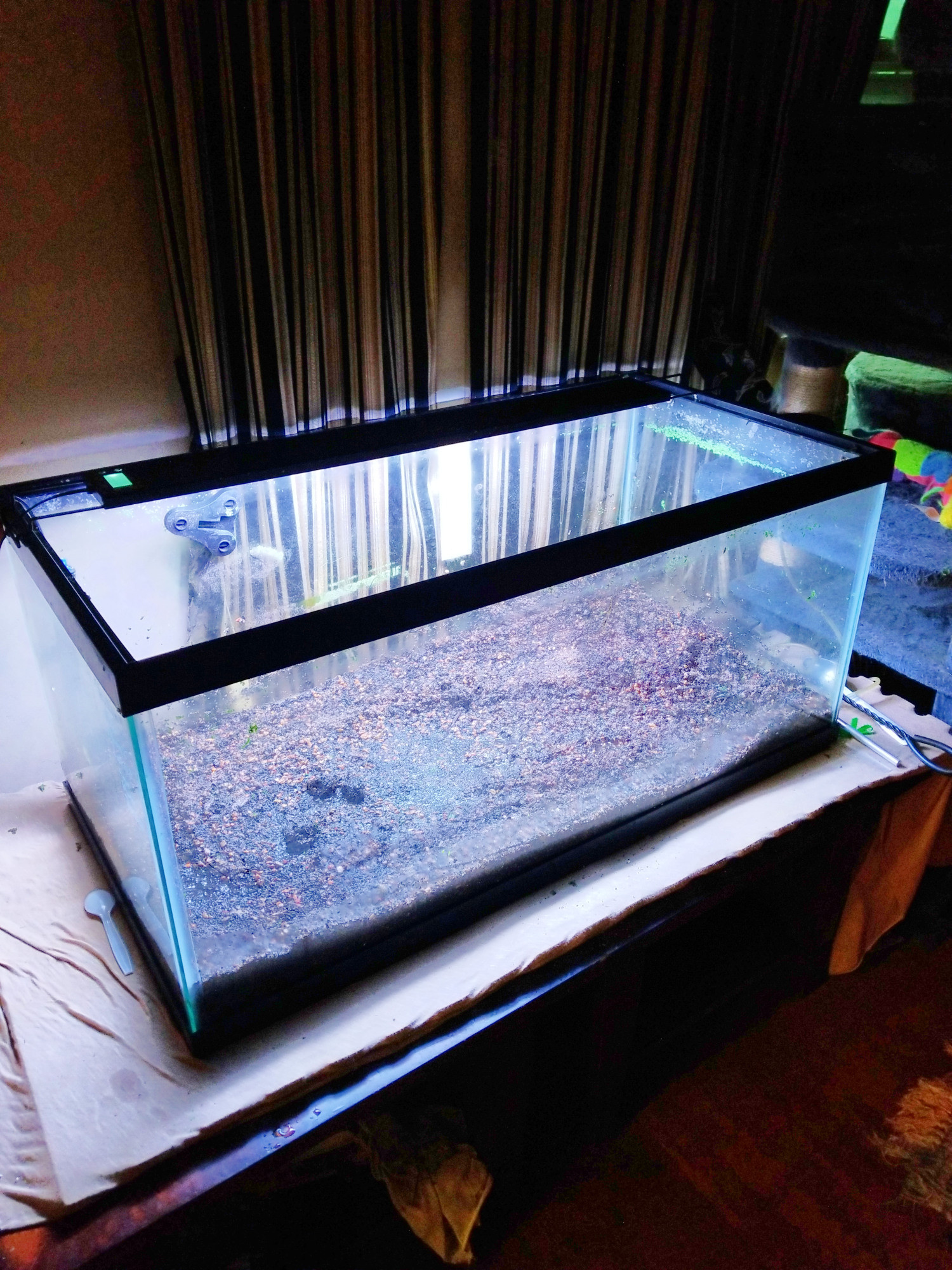 a 40 gallon tank on two small end tables, empty save for some wet sand mix