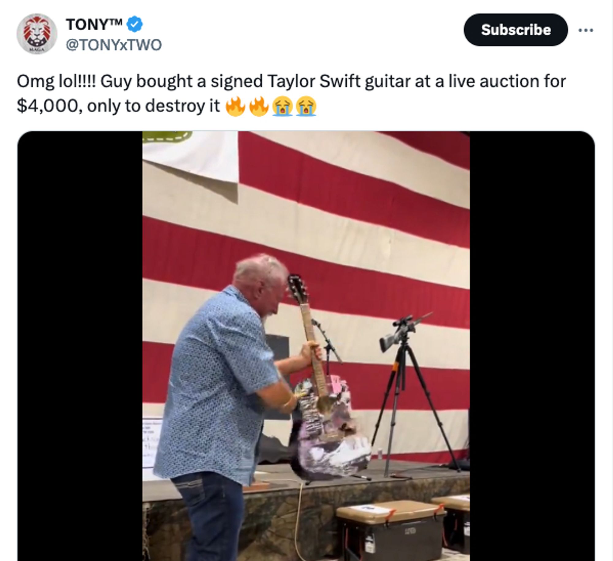 @TONYxTWO on Twitter: Omg lol!!!! Guy bought a signed Taylor Swift guitar at a live auction for $4,000, only to destroy it 🔥🔥😭😭