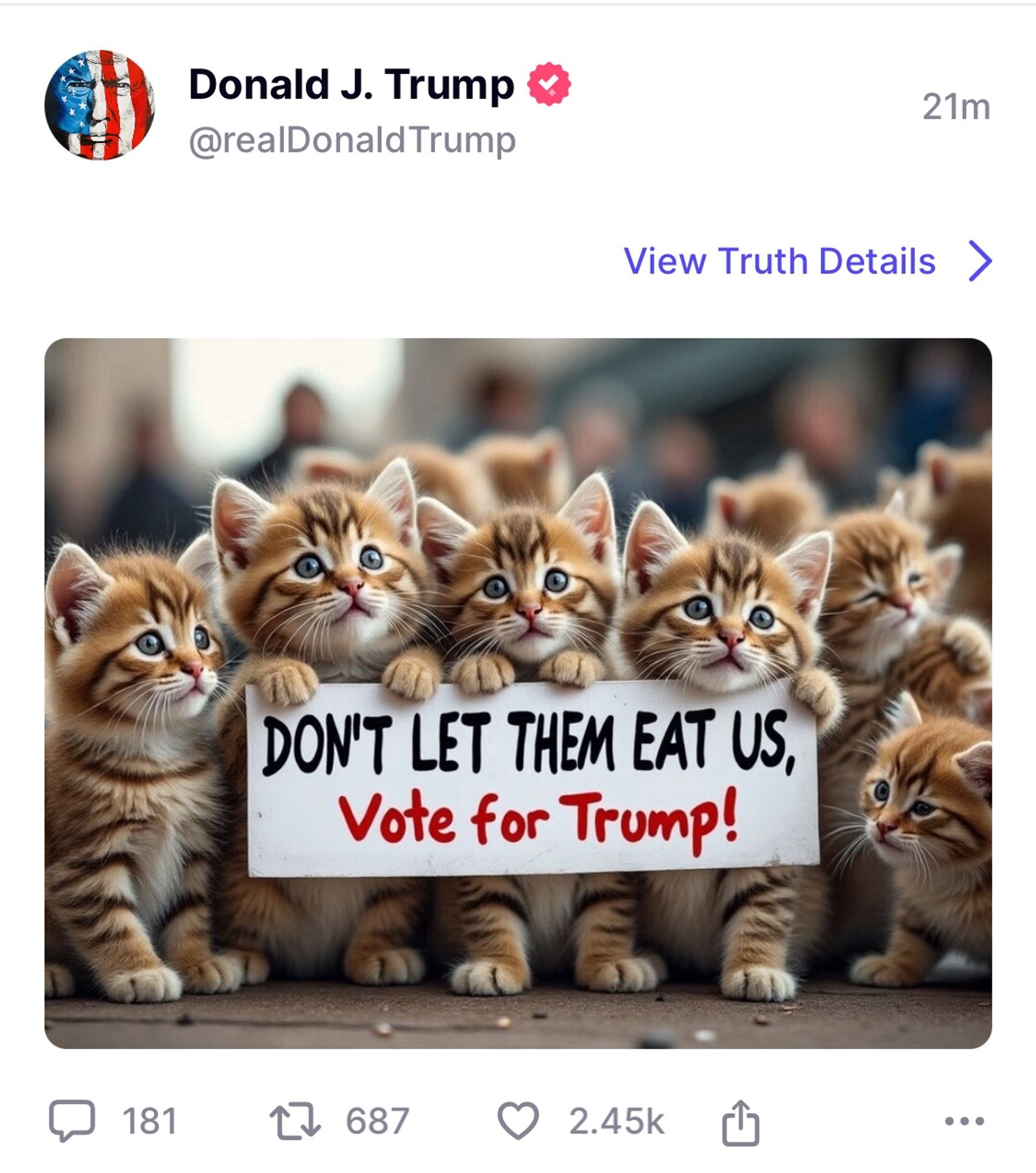 Trump tweet of cat’s holding a sign that says Don’t let them eat us, vote for trump