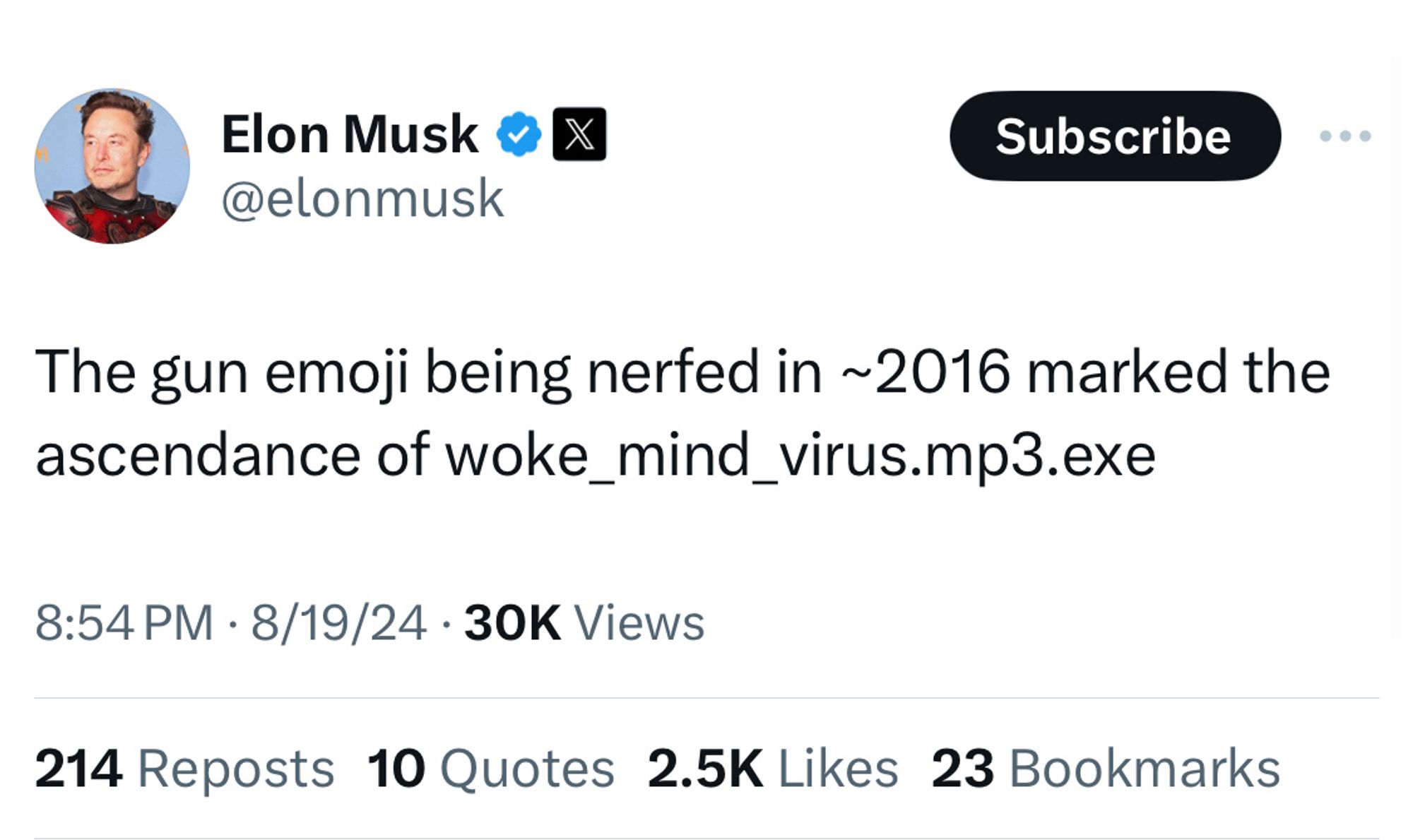 Elon Musk: The gun emoji being nerfed in ~2016 marked the ascendance of woke_mind_virus.mp3.exe