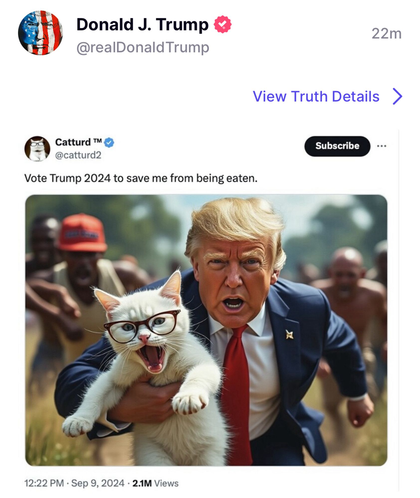 Trump tweet sharing a Catturd tweet that reads Vote Trump 2024 to save me from being eaten.